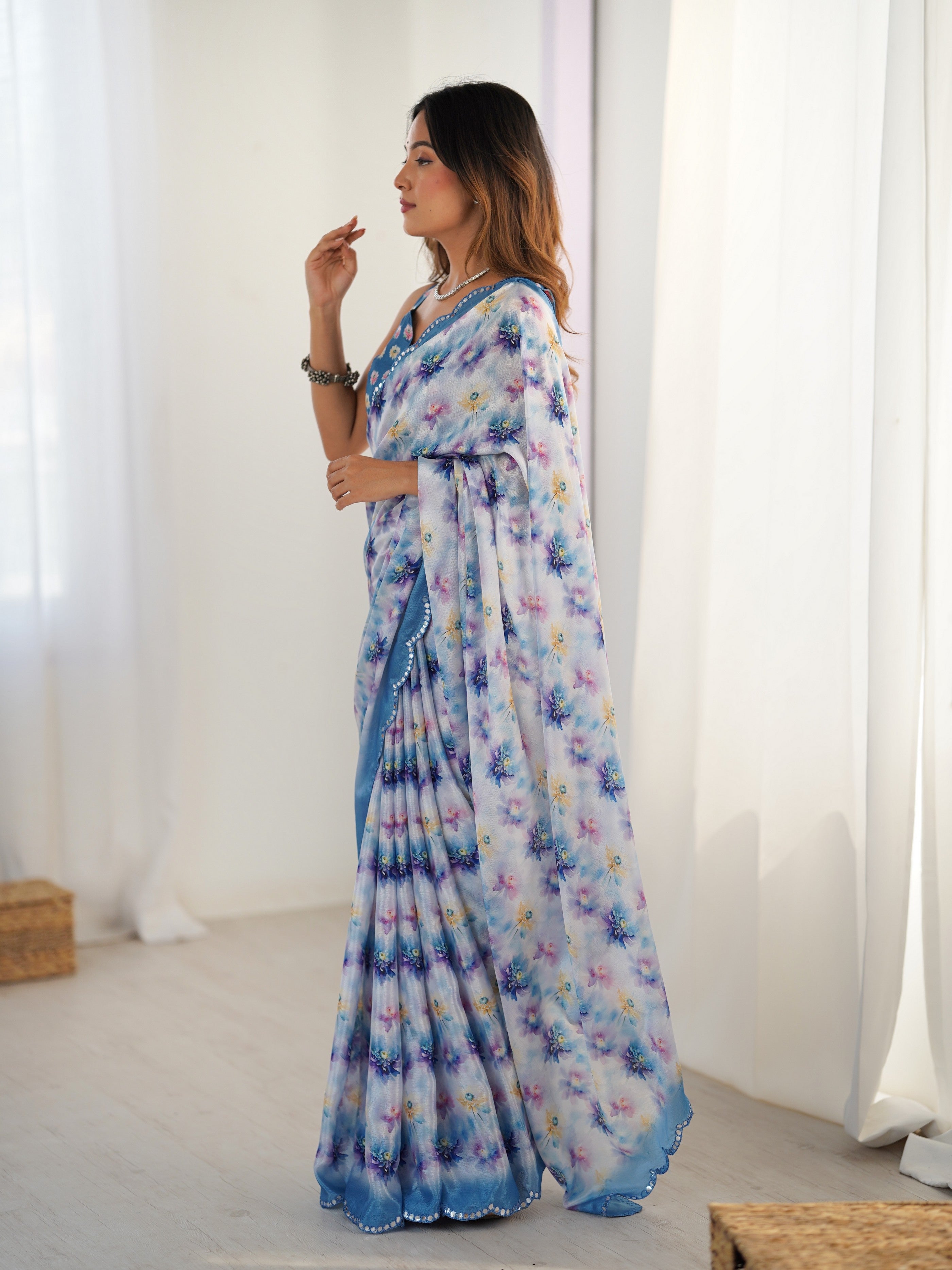Blue Beautiful Printed Chinon Saree With Stylish Border For Girlie Looks