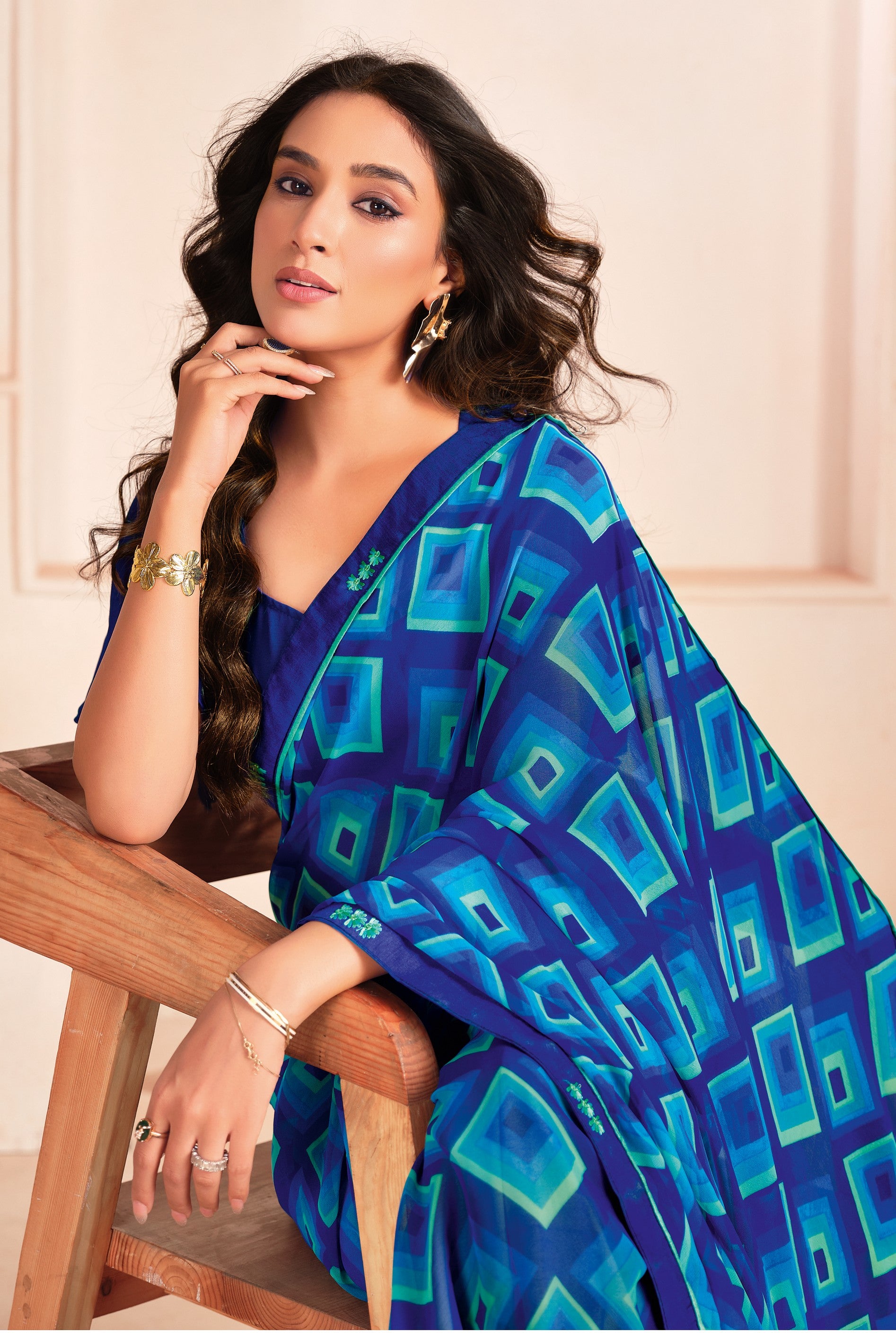 Blue Bemberg Georgette Elegant Designer Digital Printed Ceremonial Classy Saree