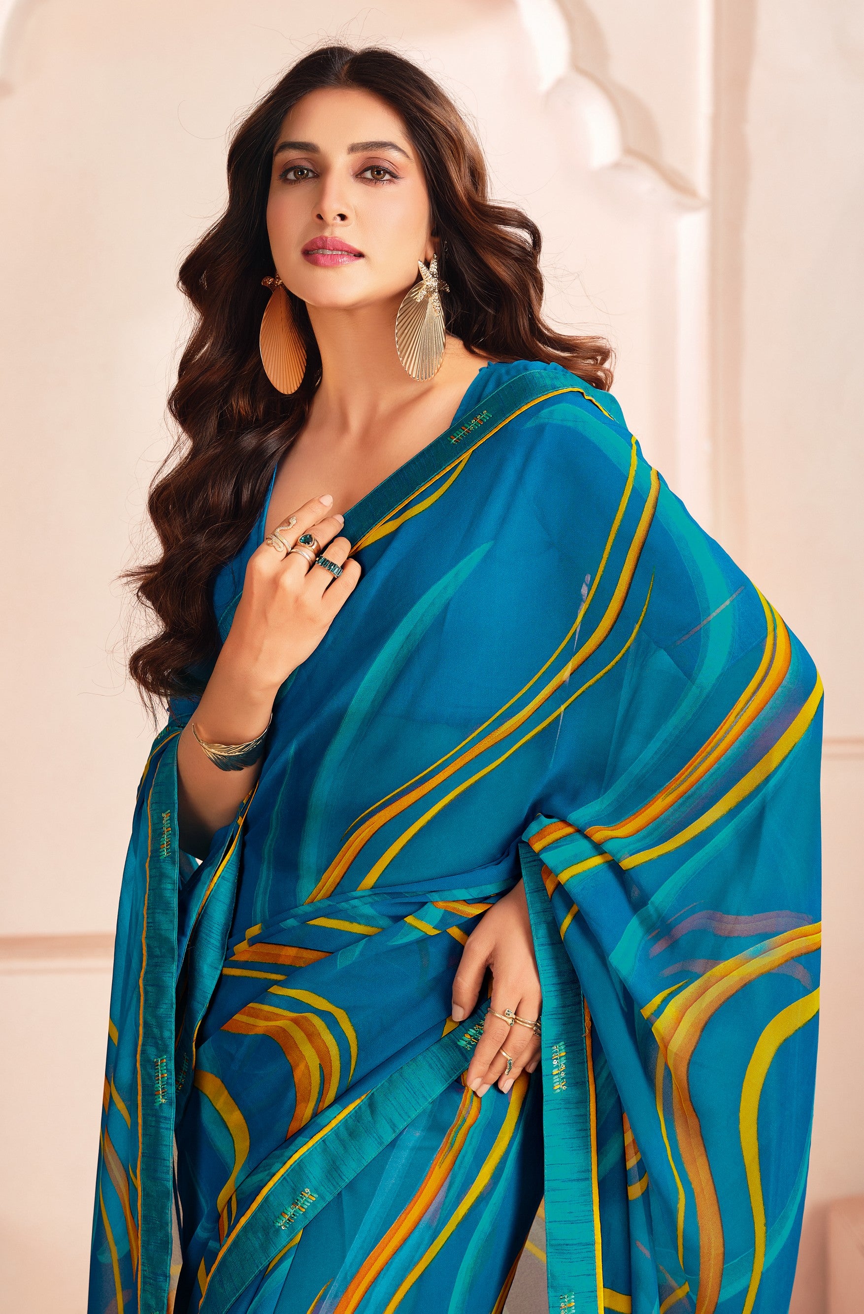 Blue Bemberg Georgette Elegant Designer Digital Printed Ceremonial Classy Saree