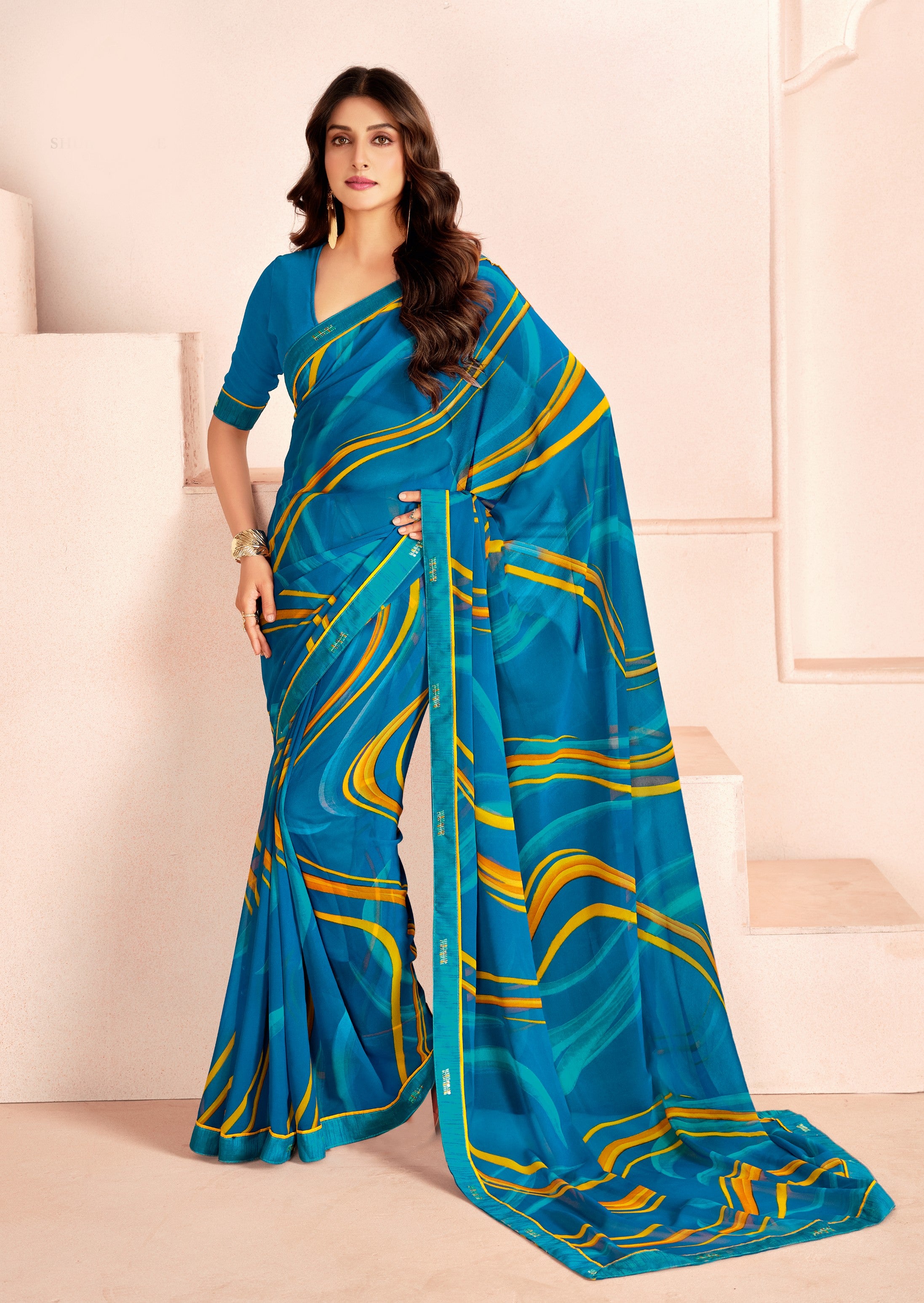 Blue Bemberg Georgette Elegant Designer Digital Printed Ceremonial Classy Saree