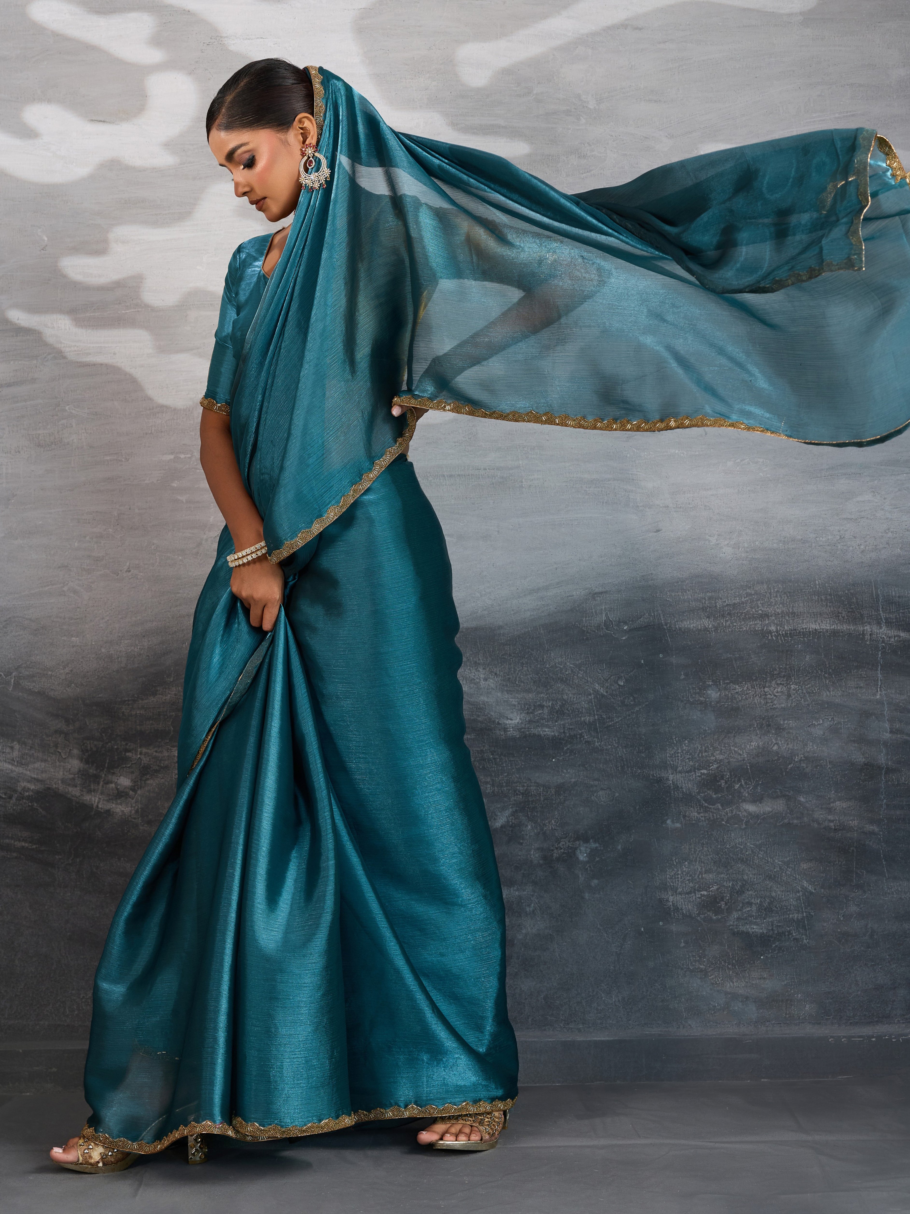 Blue Burberry Chiffon Saree with Beads and Cutdana Lace