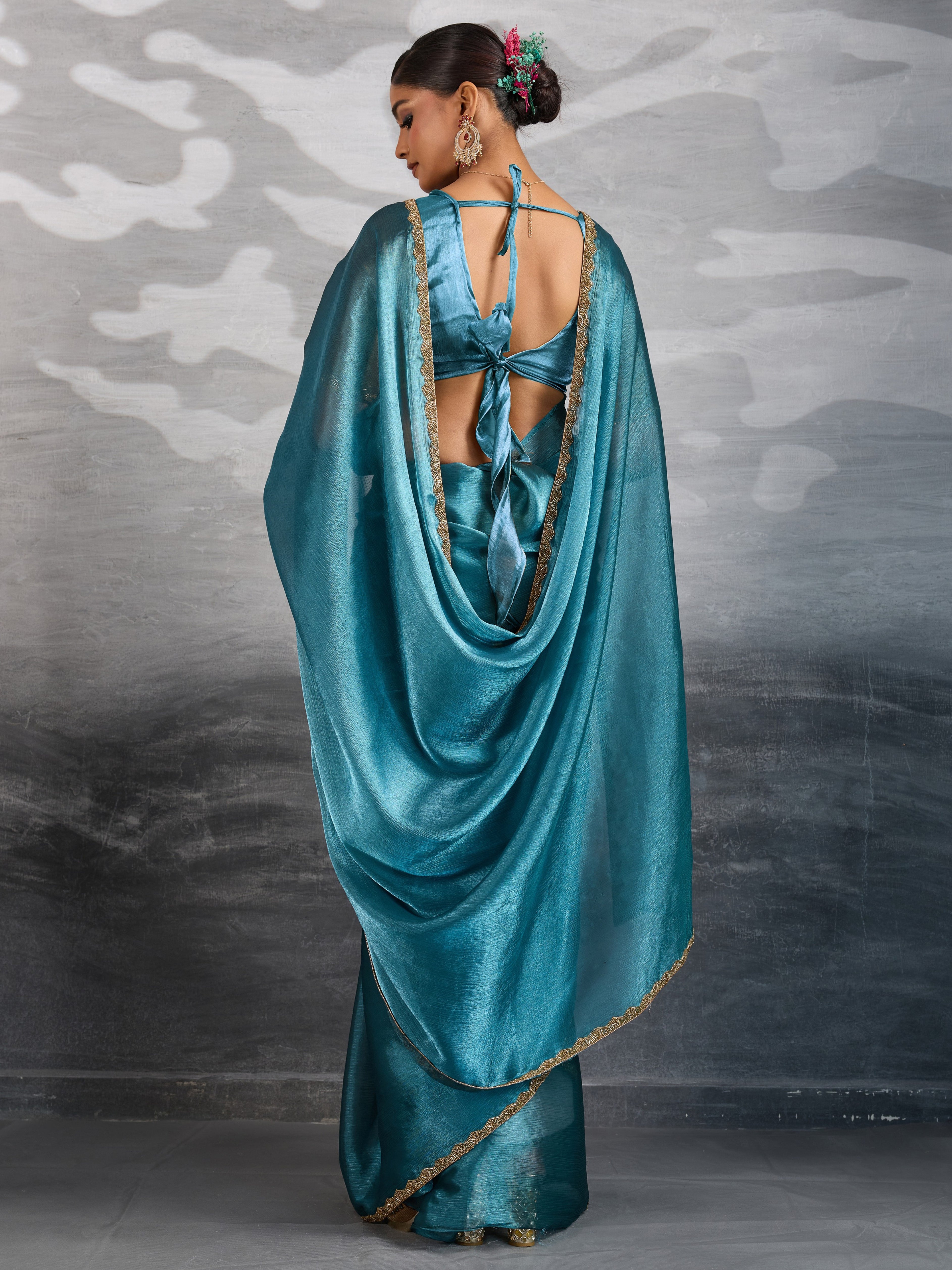 Blue Burberry Chiffon Saree with Beads and Cutdana Lace