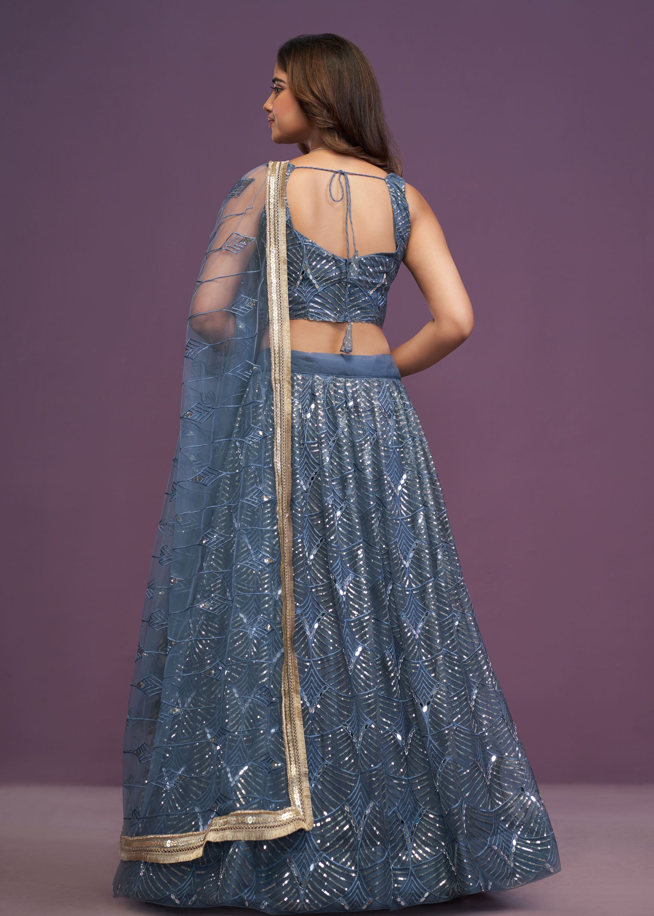 Blue Butterfly Net Real Mirror With Sequence Embroidery Work Lehenga Choli