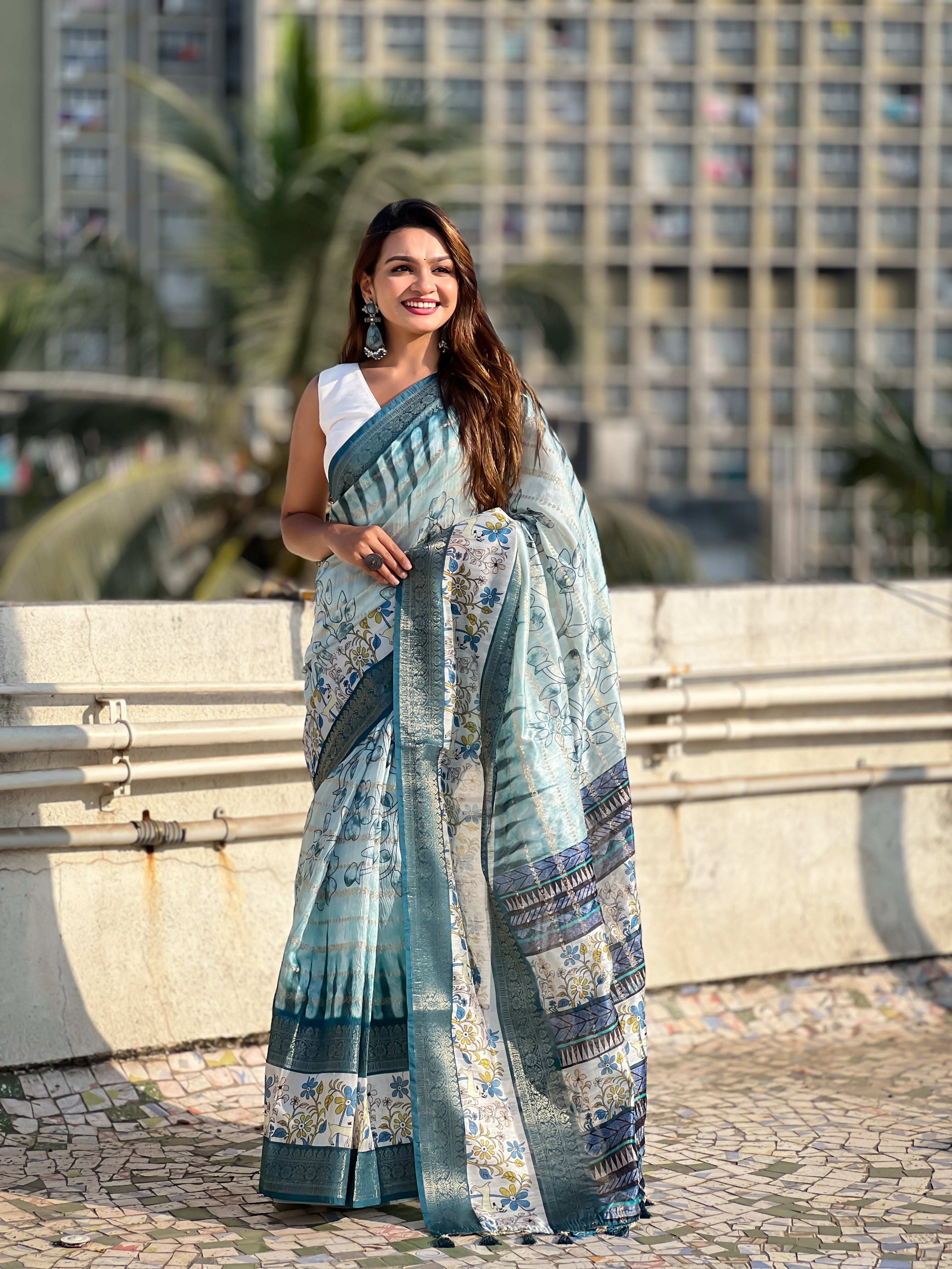 Blue Chanderi Crush Printed With Woven Jari Designer Elegant Sophisticated Saree
