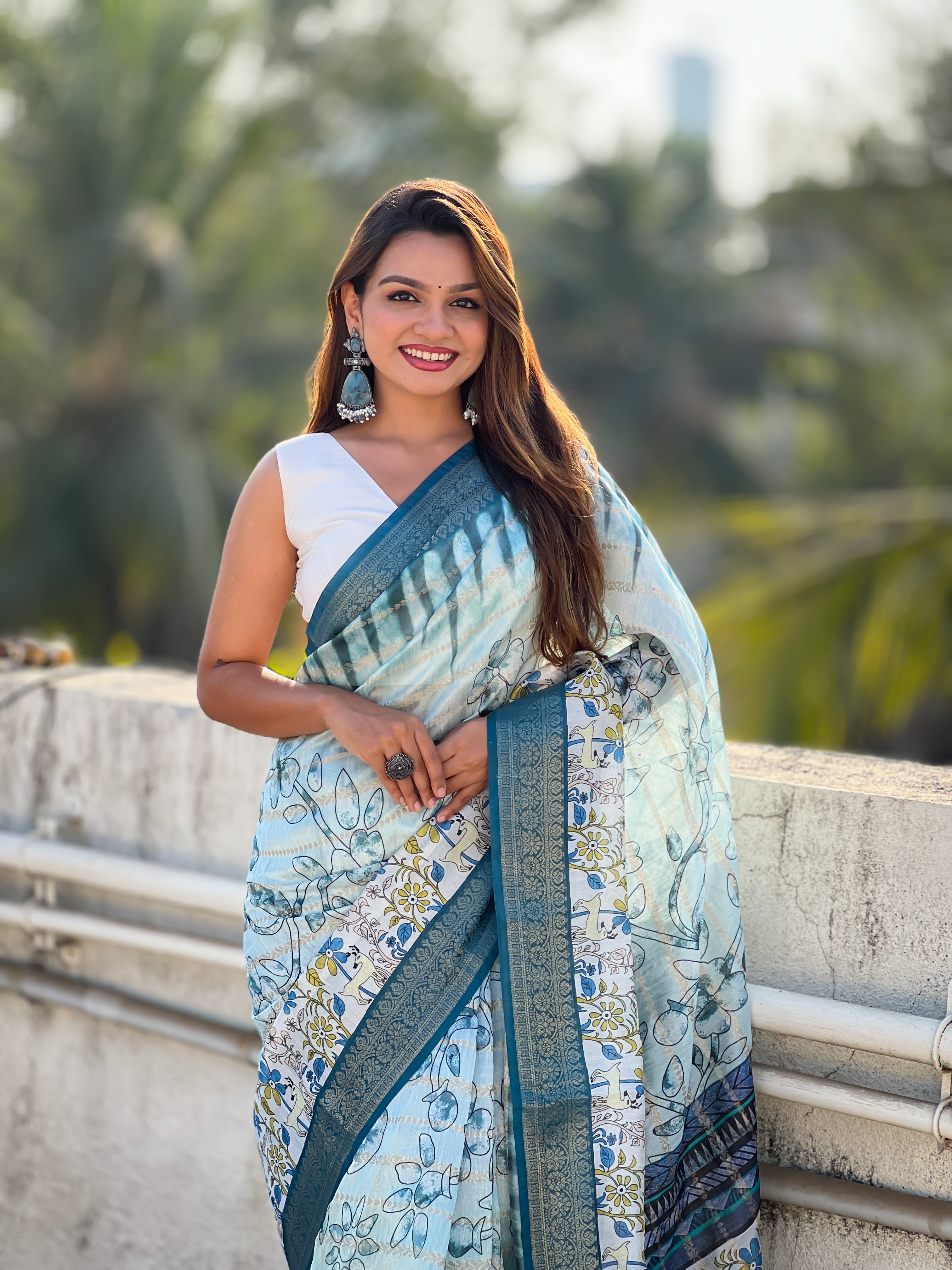 Blue Chanderi Crush Printed With Woven Jari Designer Elegant Sophisticated Saree