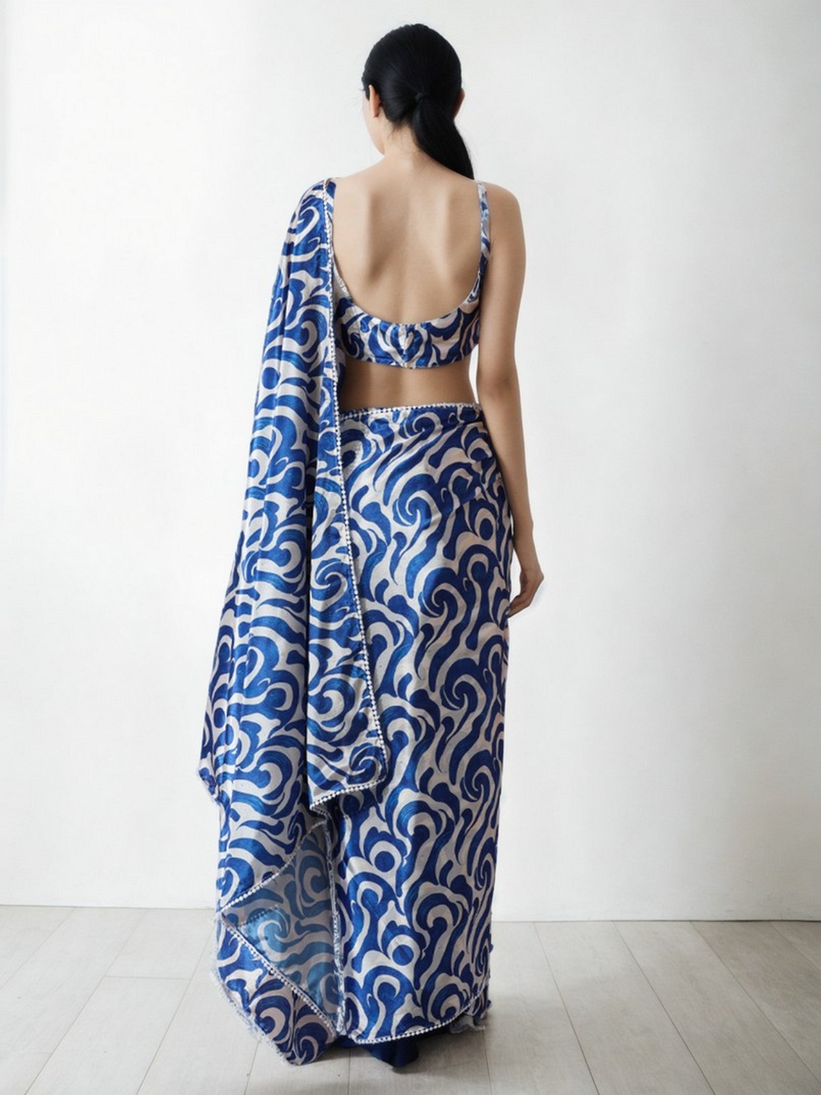 Blue Chinnon Partywear Printed Girlie Ready To Wear Saree