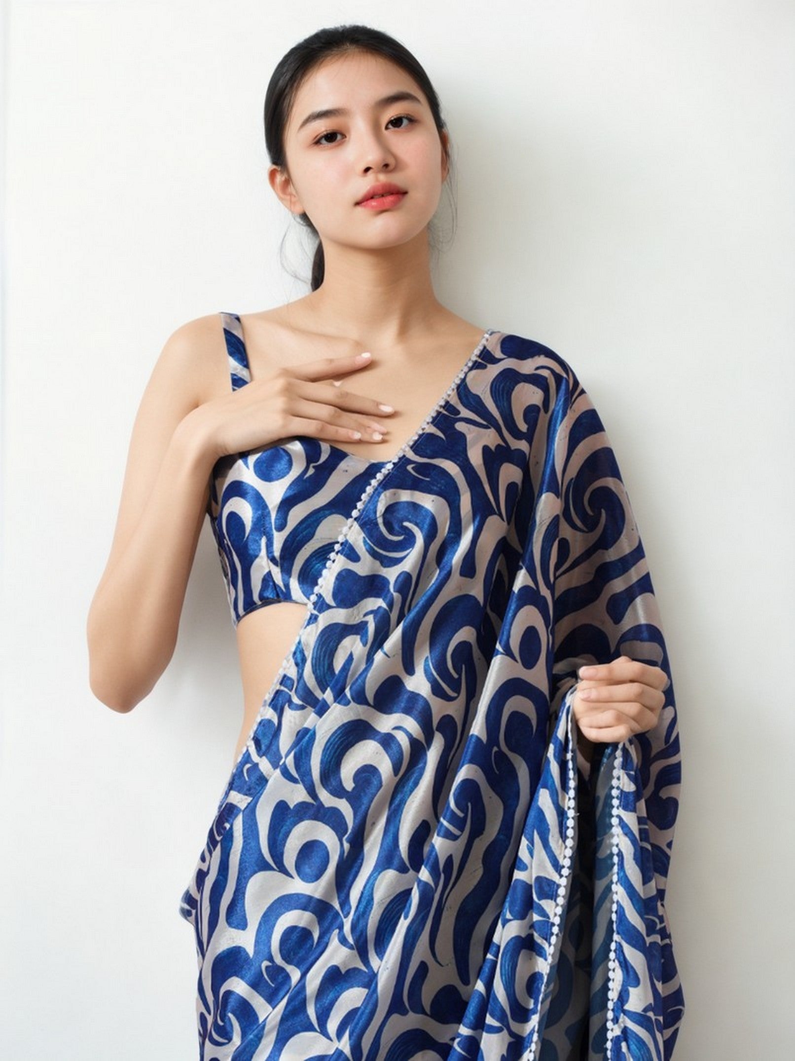 Blue Chinnon Partywear Printed Girlie Ready To Wear Saree