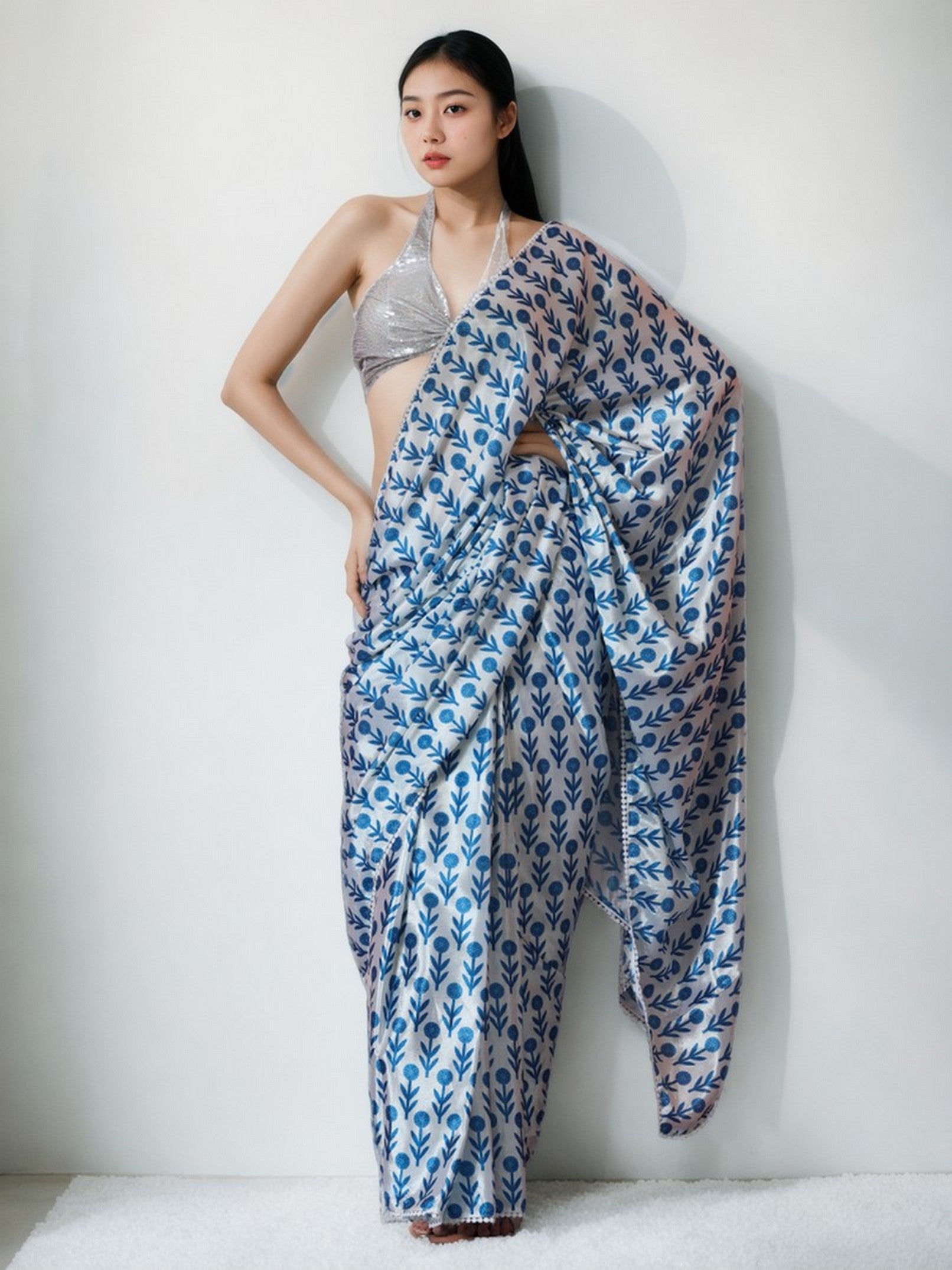 Blue Chinon Designer Digital Printed Ready To Wear Saree
