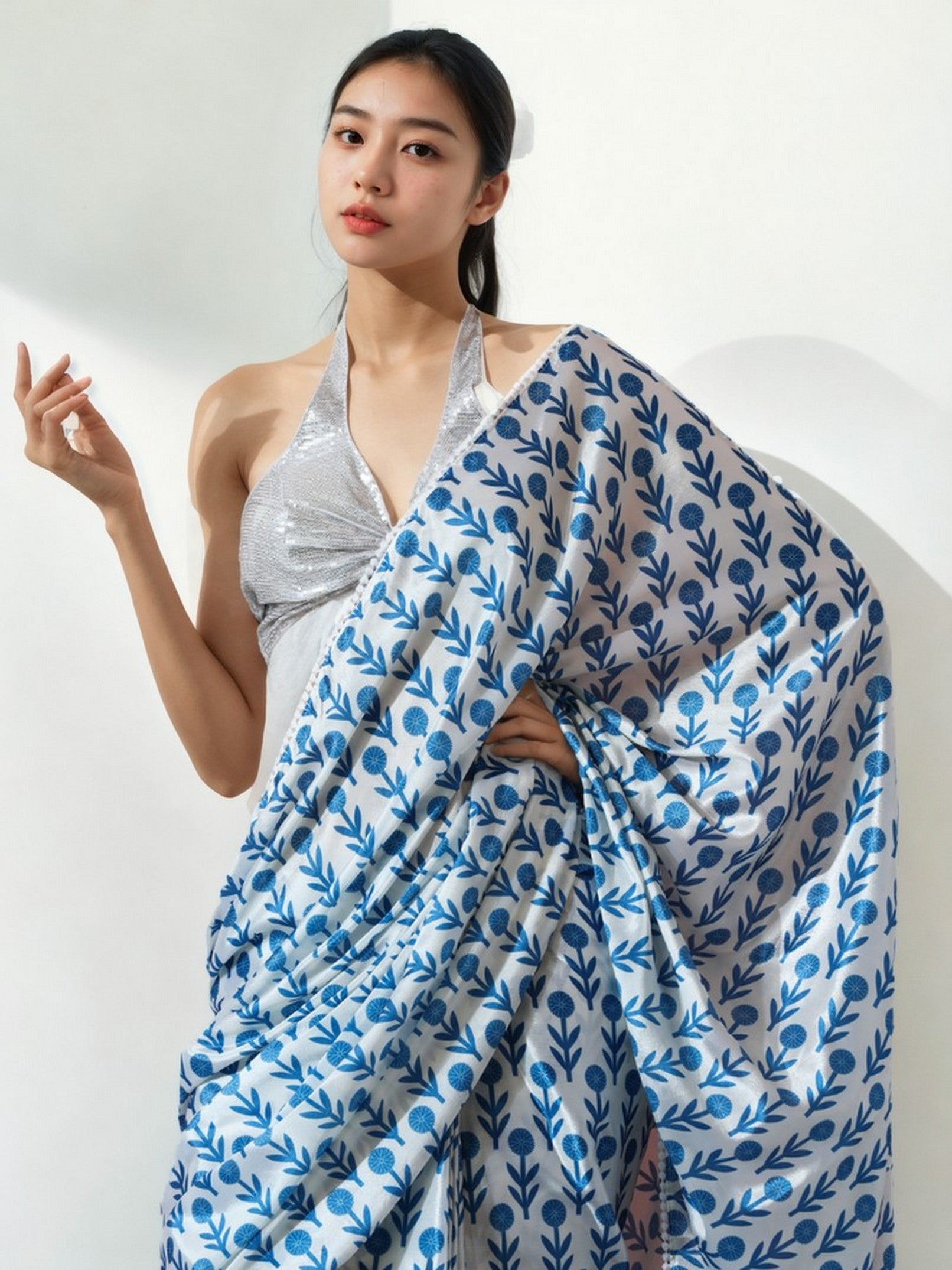 Blue Chinon Designer Digital Printed Ready To Wear Saree