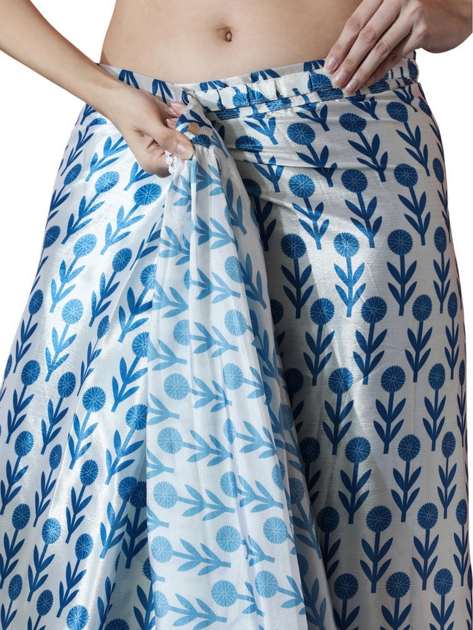 Blue Chinon Designer Digital Printed Ready To Wear Saree