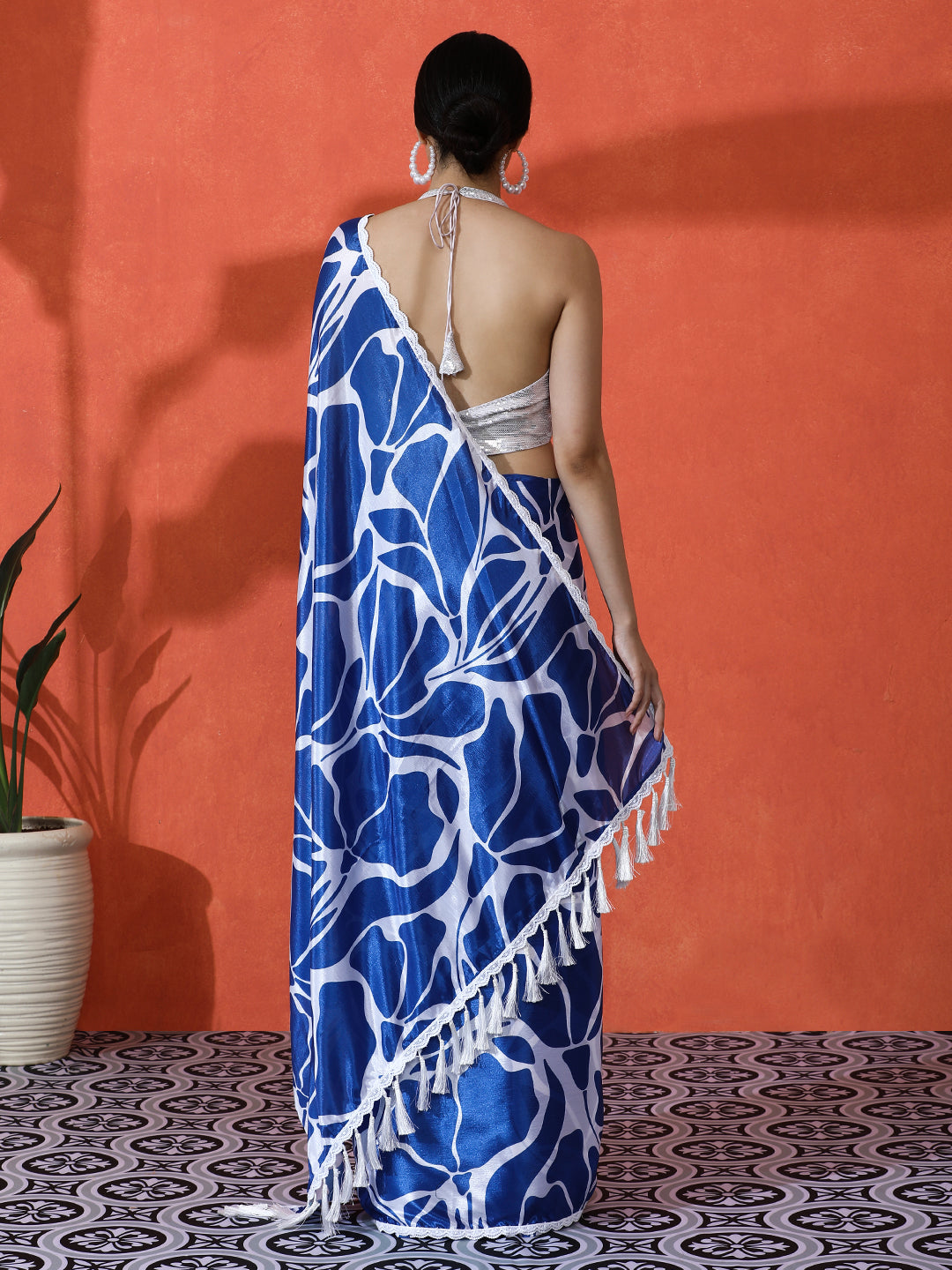 Blue Chinon Designer Digital Printed Saree For Ceremonial Looks