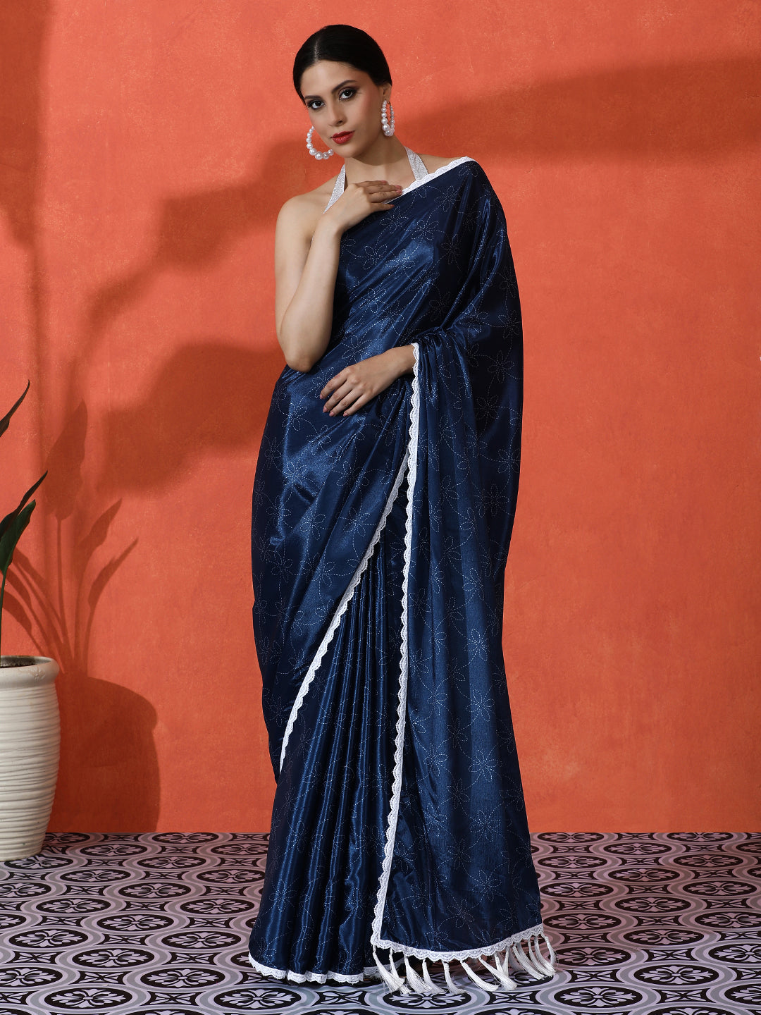 Blue Chinon Designer Digital Printed Saree For Ceremonial Looks
