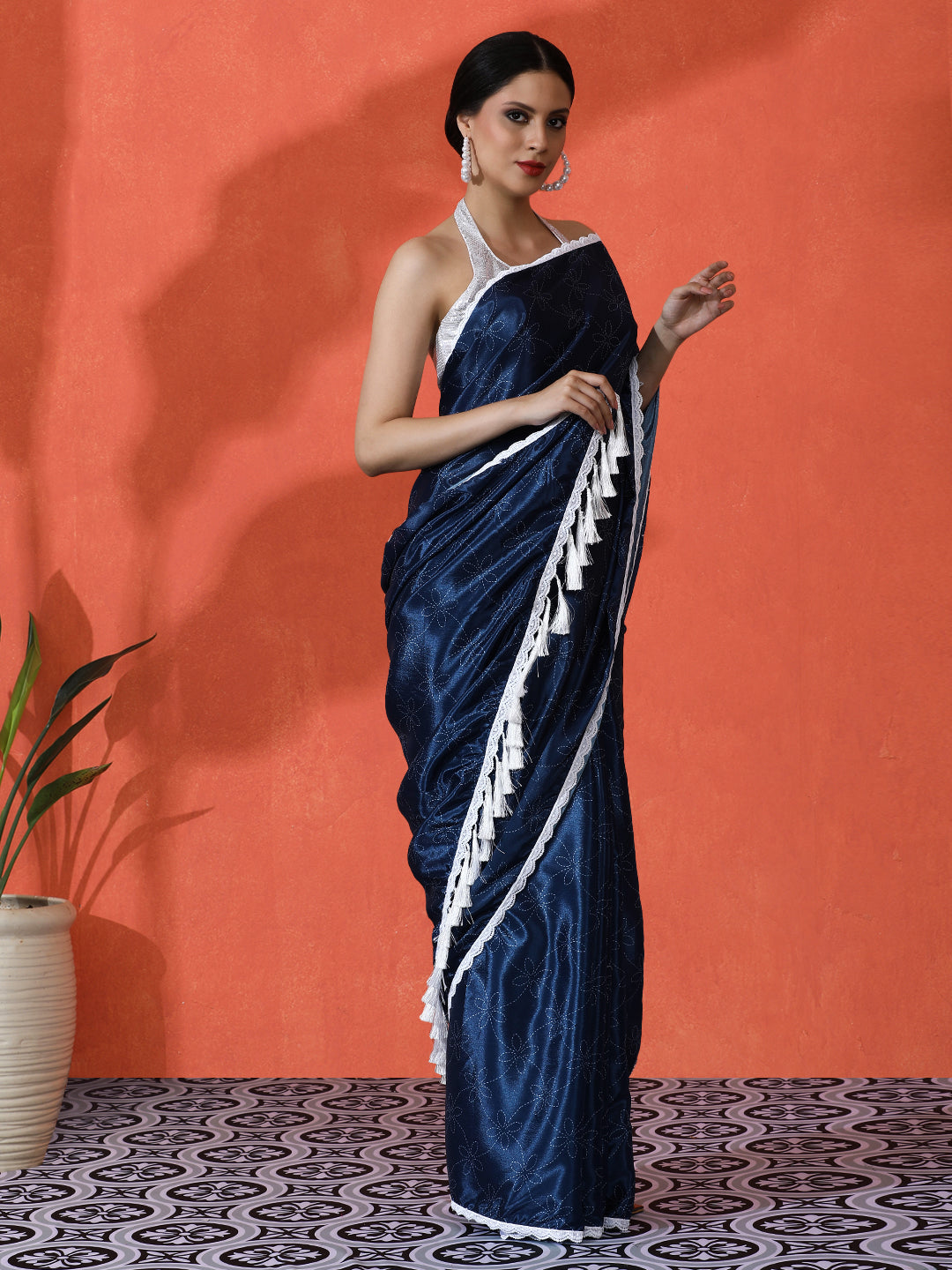 Blue Chinon Designer Digital Printed Saree For Ceremonial Looks