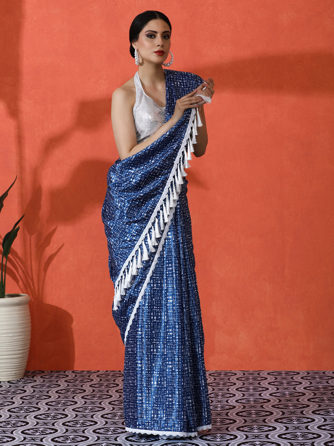 Blue Chinon Designer Digital Printed Saree For Ceremonial Looks