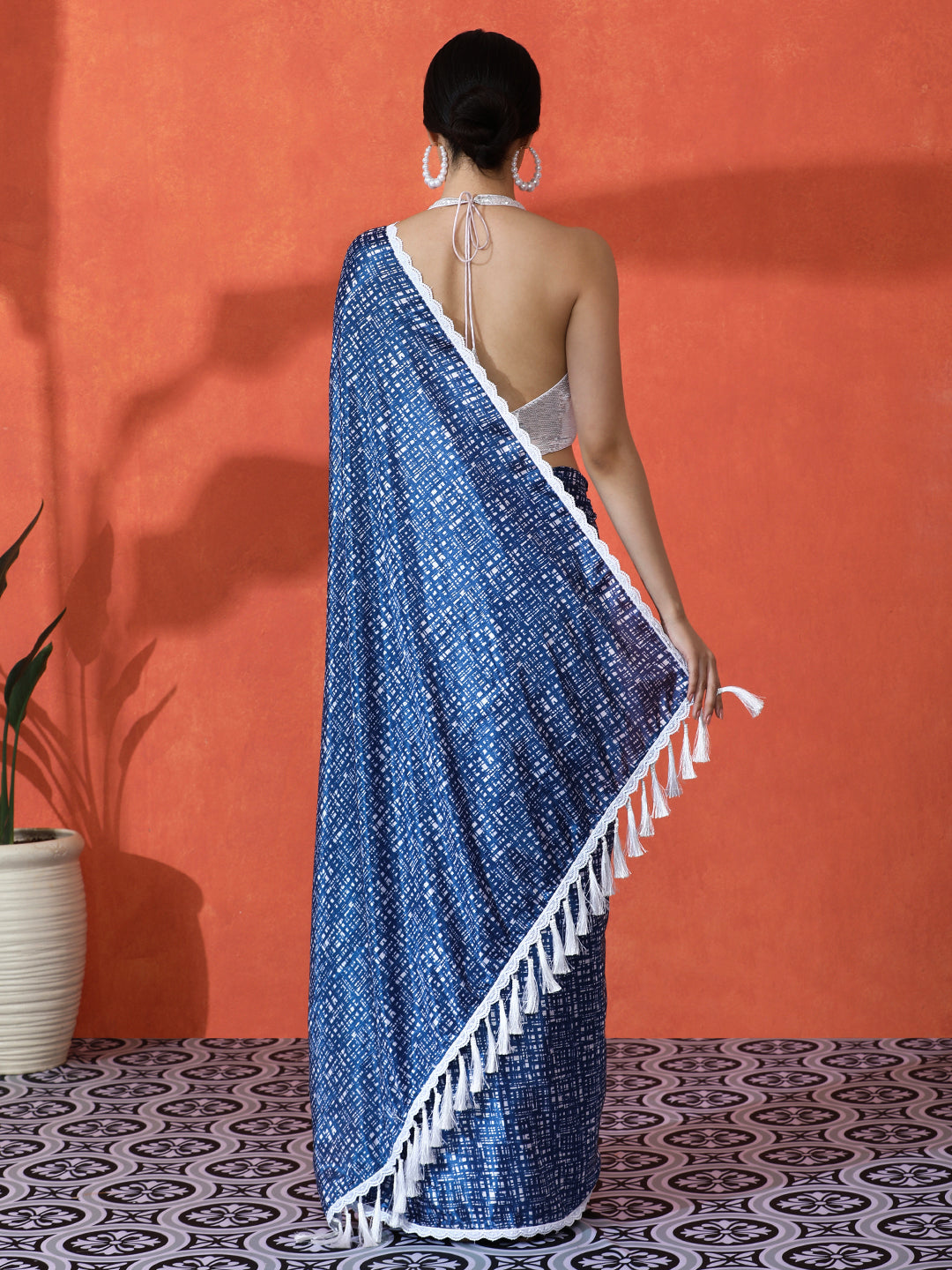 Blue Chinon Designer Digital Printed Saree For Ceremonial Looks