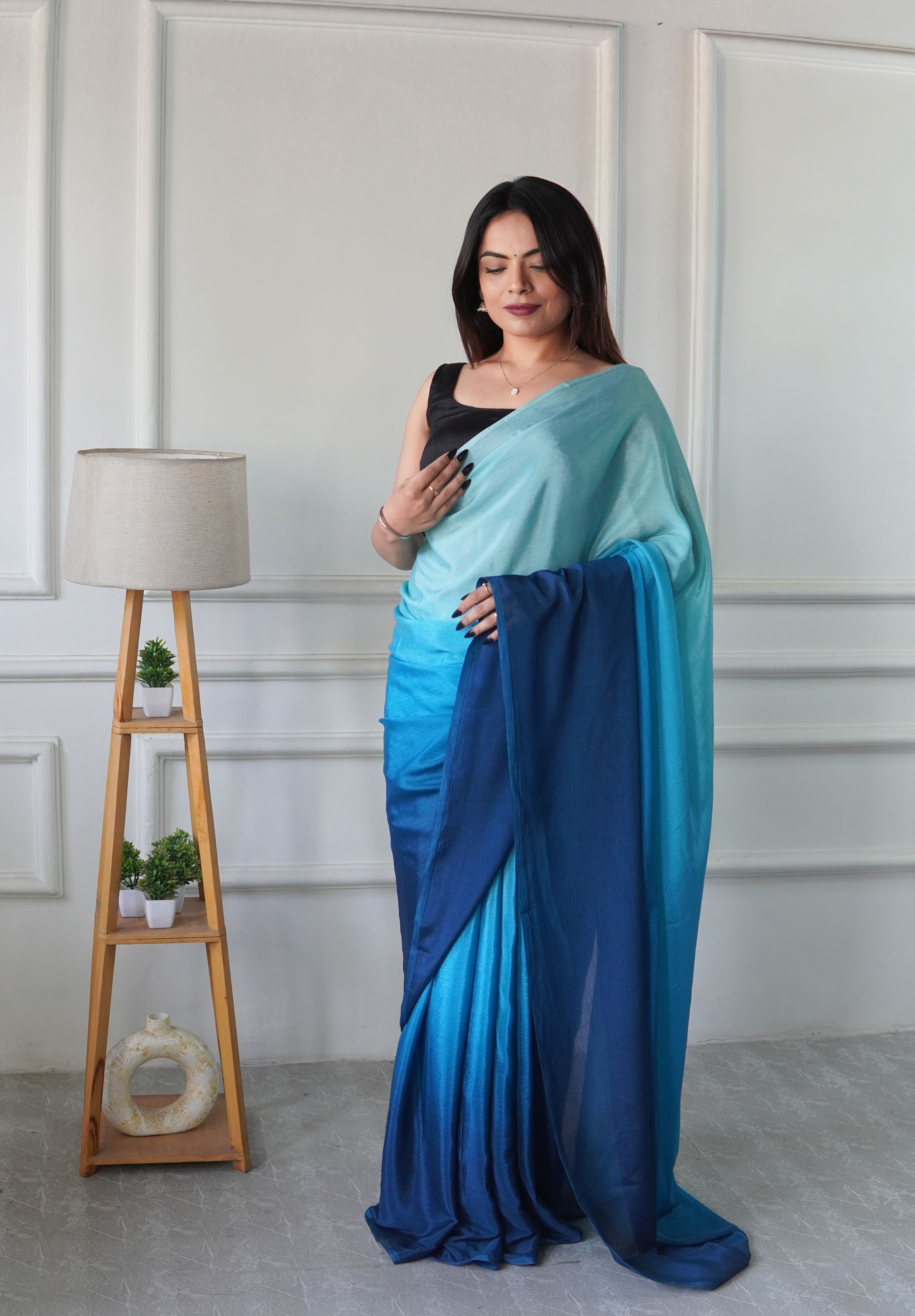Blue Chinon Pedding Solid Designer Ready To Wear Saree