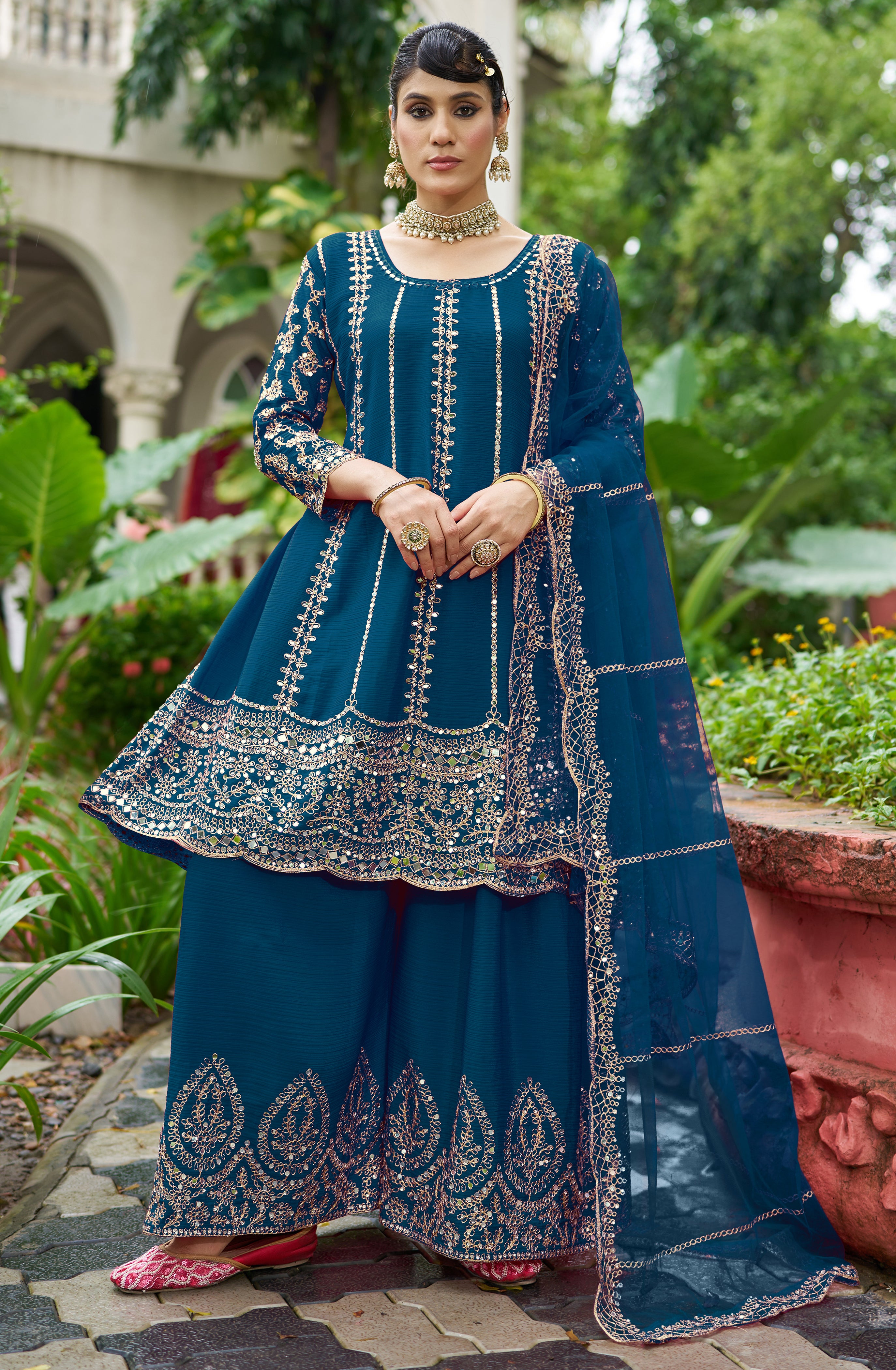Blue Chinon Silk Salwar Suit With Real Mirror Work