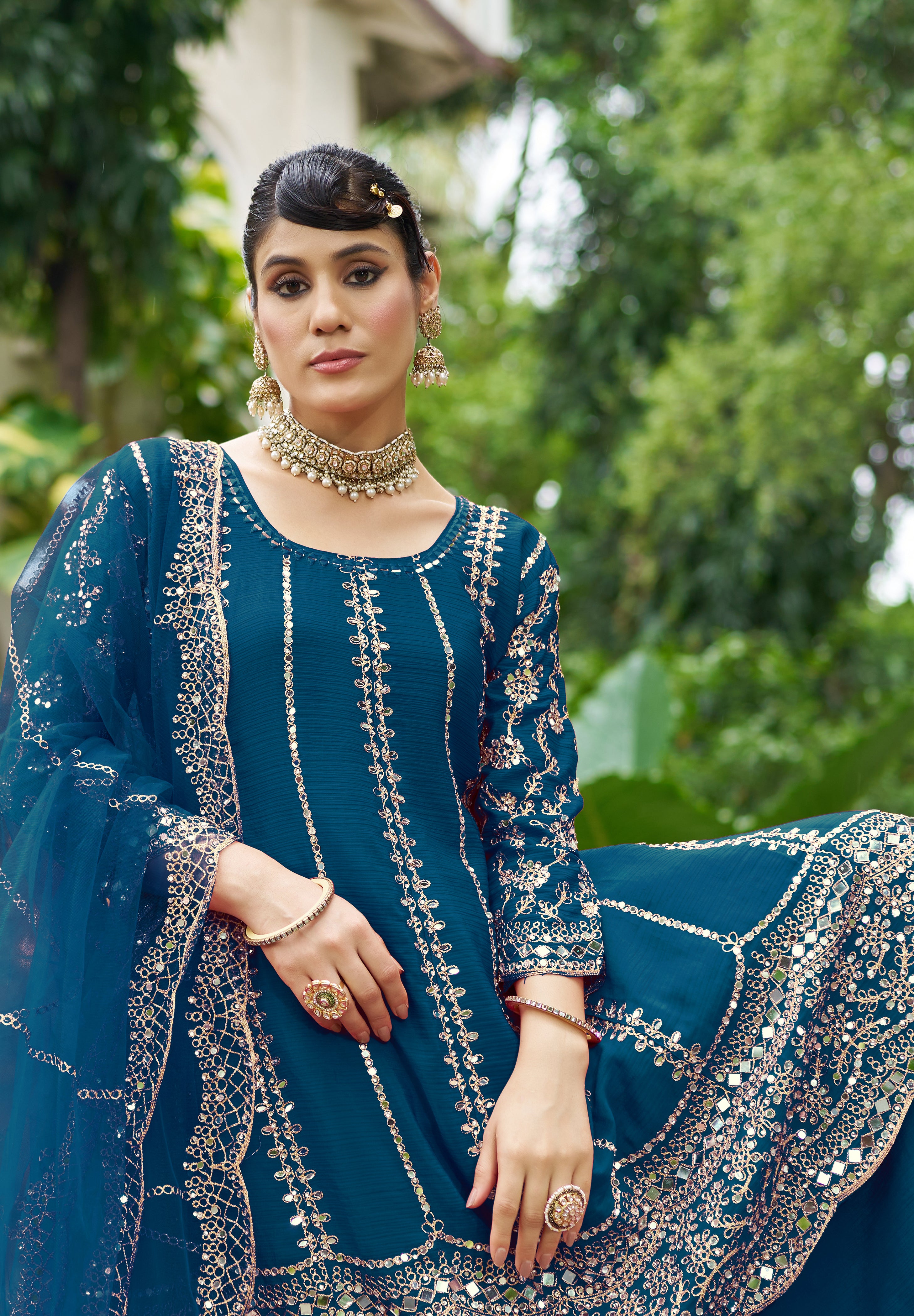 Blue Chinon Silk Salwar Suit With Real Mirror Work