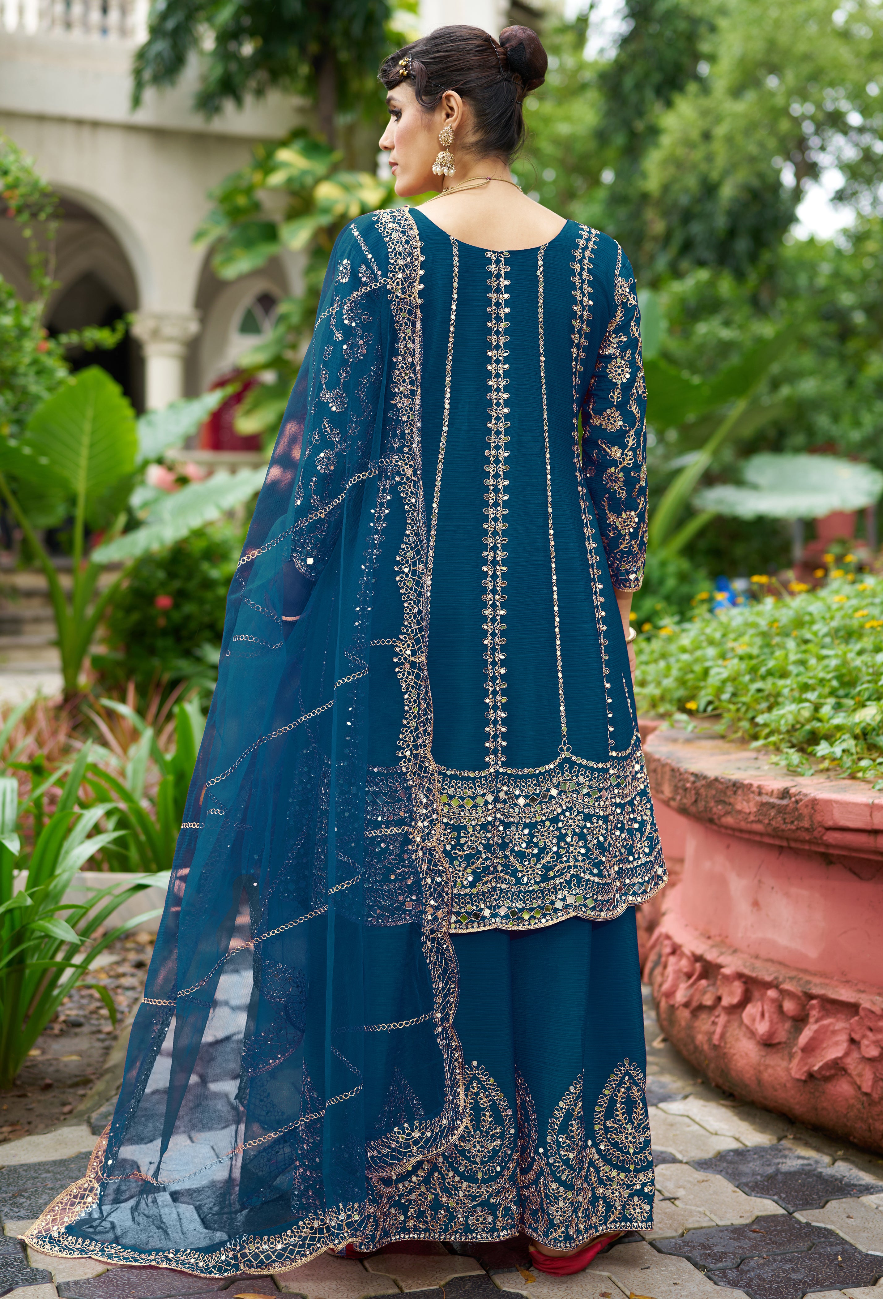 Blue Chinon Silk Salwar Suit With Real Mirror Work