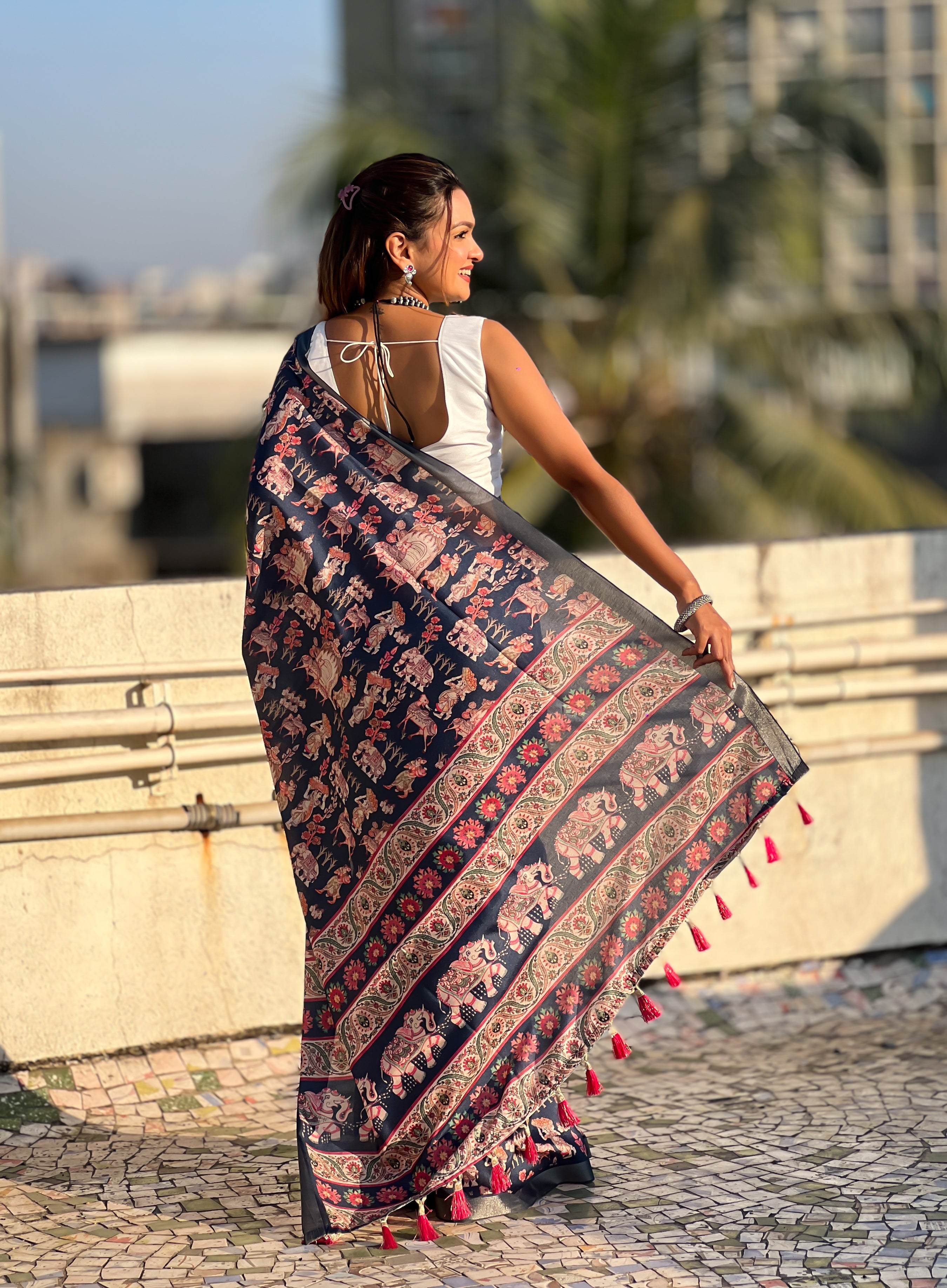 Blue Classic Tussar Silk Saree With Woven And Designer Print Work
