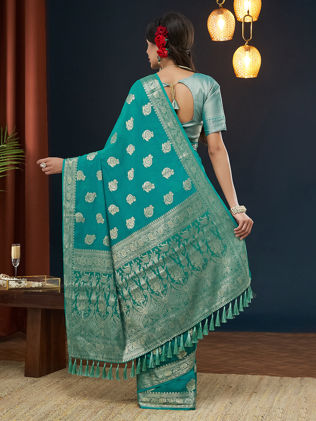 Blue Colour Georgette Designer Zari Woven Saree For Partywear Looks