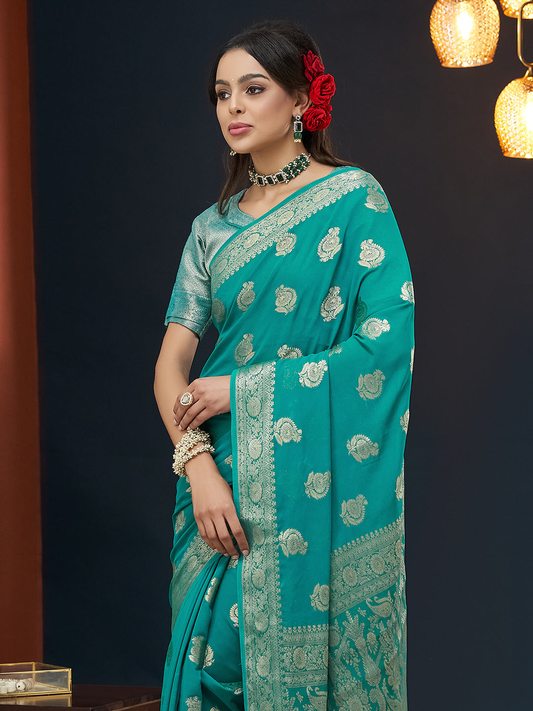 Blue Colour Georgette Designer Zari Woven Saree For Partywear Looks
