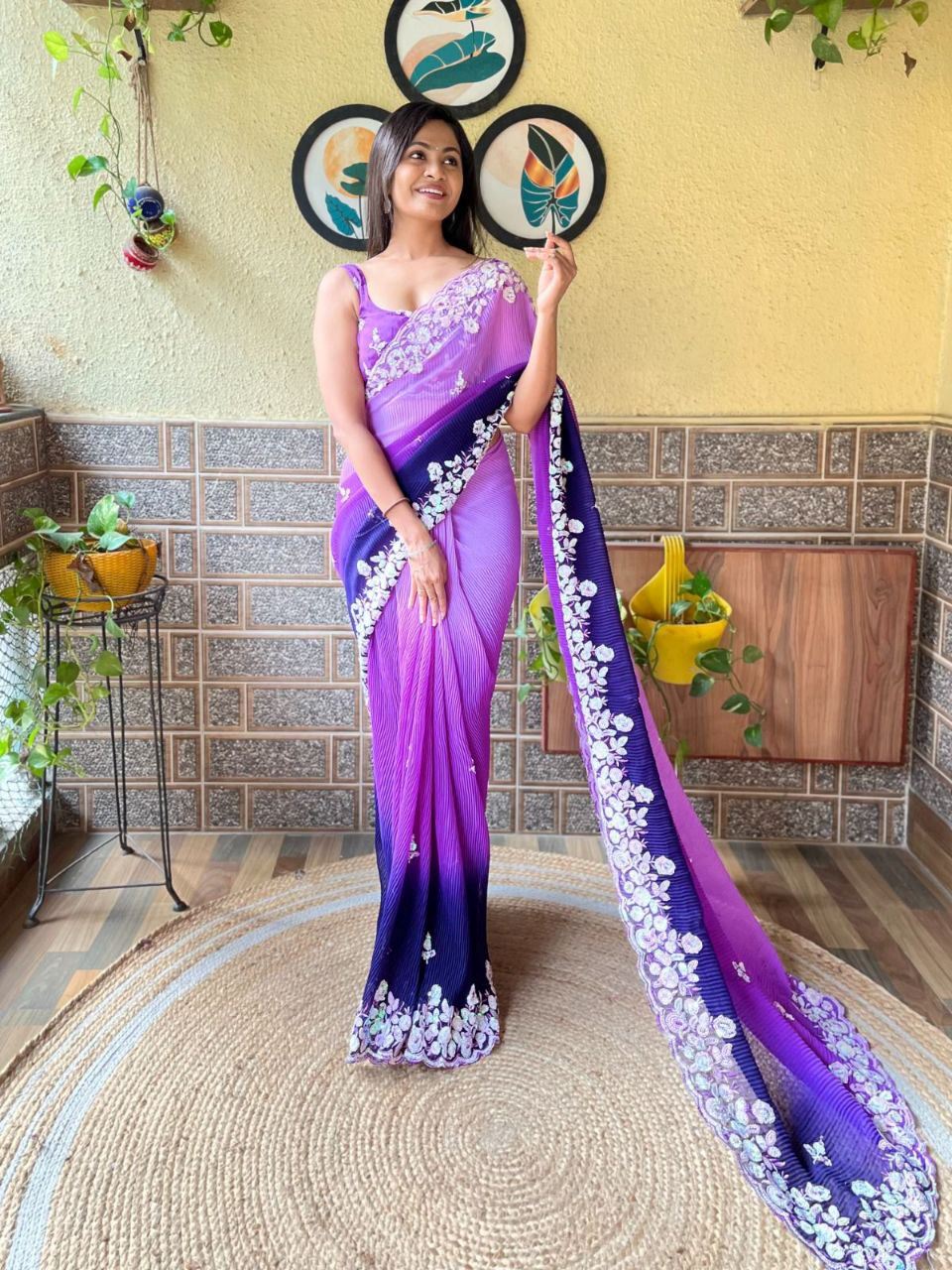 Blue Colour Georgette Embroidery Crush Work Saree