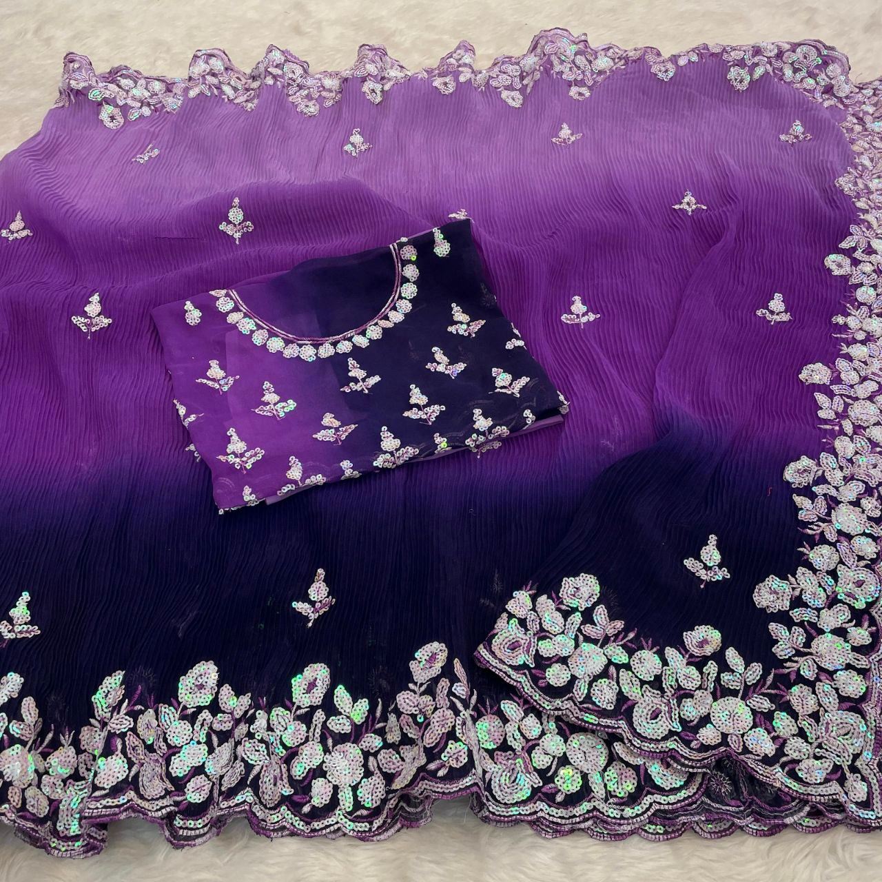 Blue Colour Georgette Embroidery Crush Work Saree