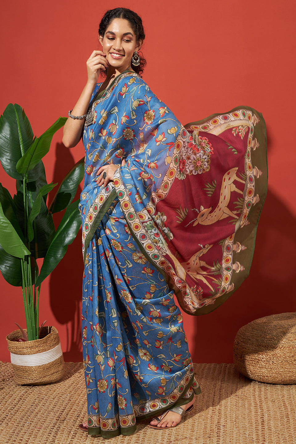 Blue Cotton Silk Designer Digital Printed Ethnic Ceremonial Saree
