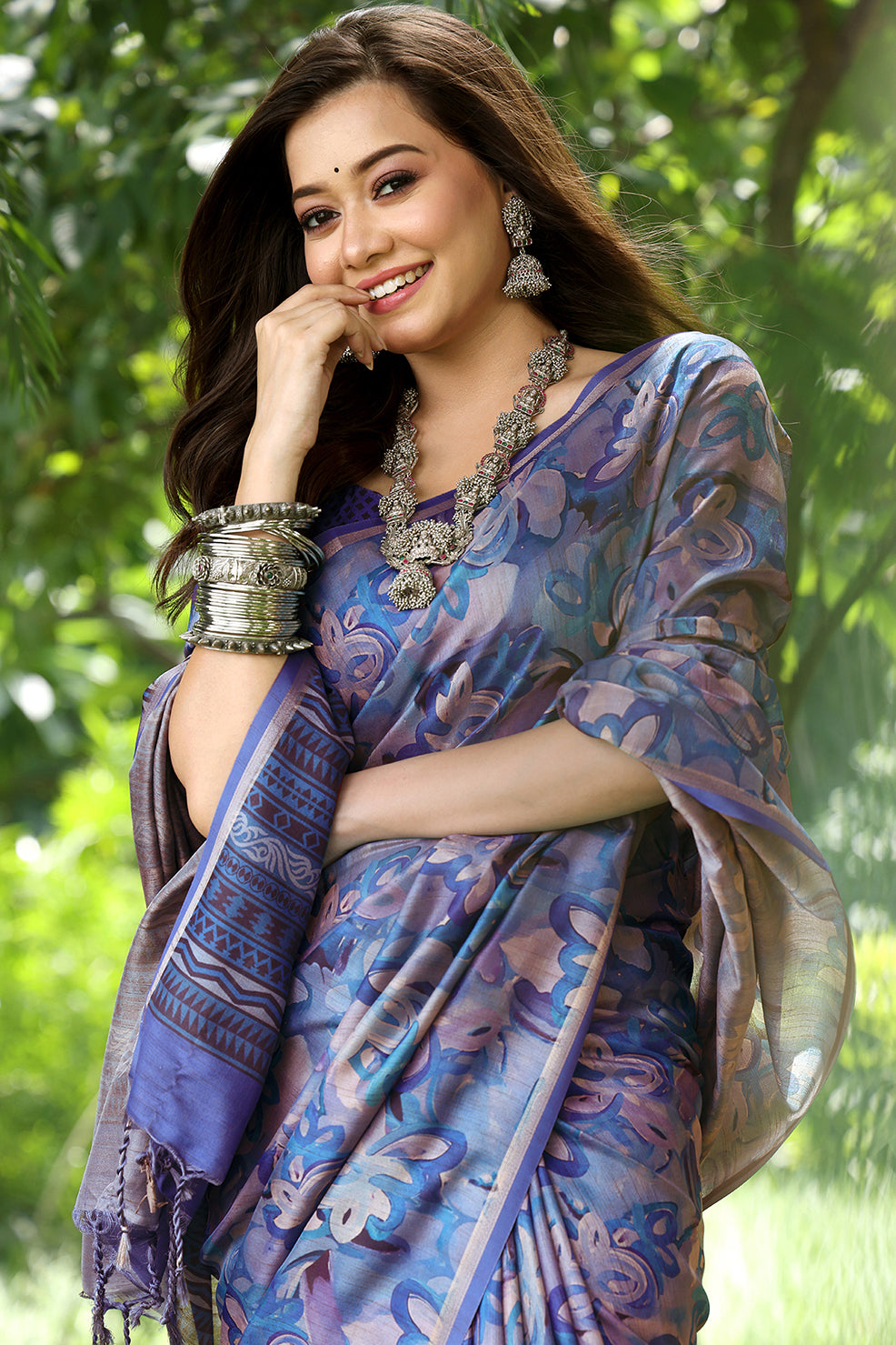 Blue Cotton Silk Saree with Floral Print and Printed Pallu