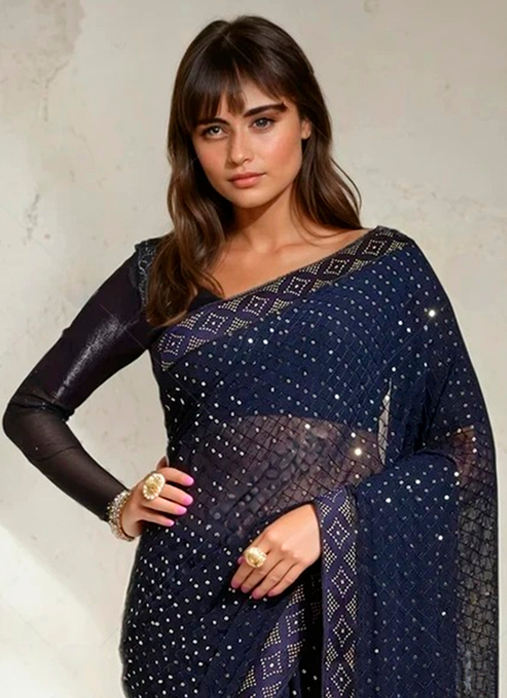 Blue Designer Sequins Embroidery Work Georgette Saree