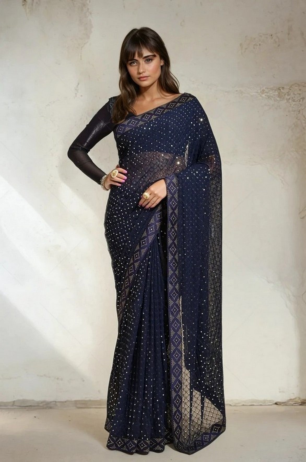 Blue Designer Sequins Embroidery Work Georgette Saree
