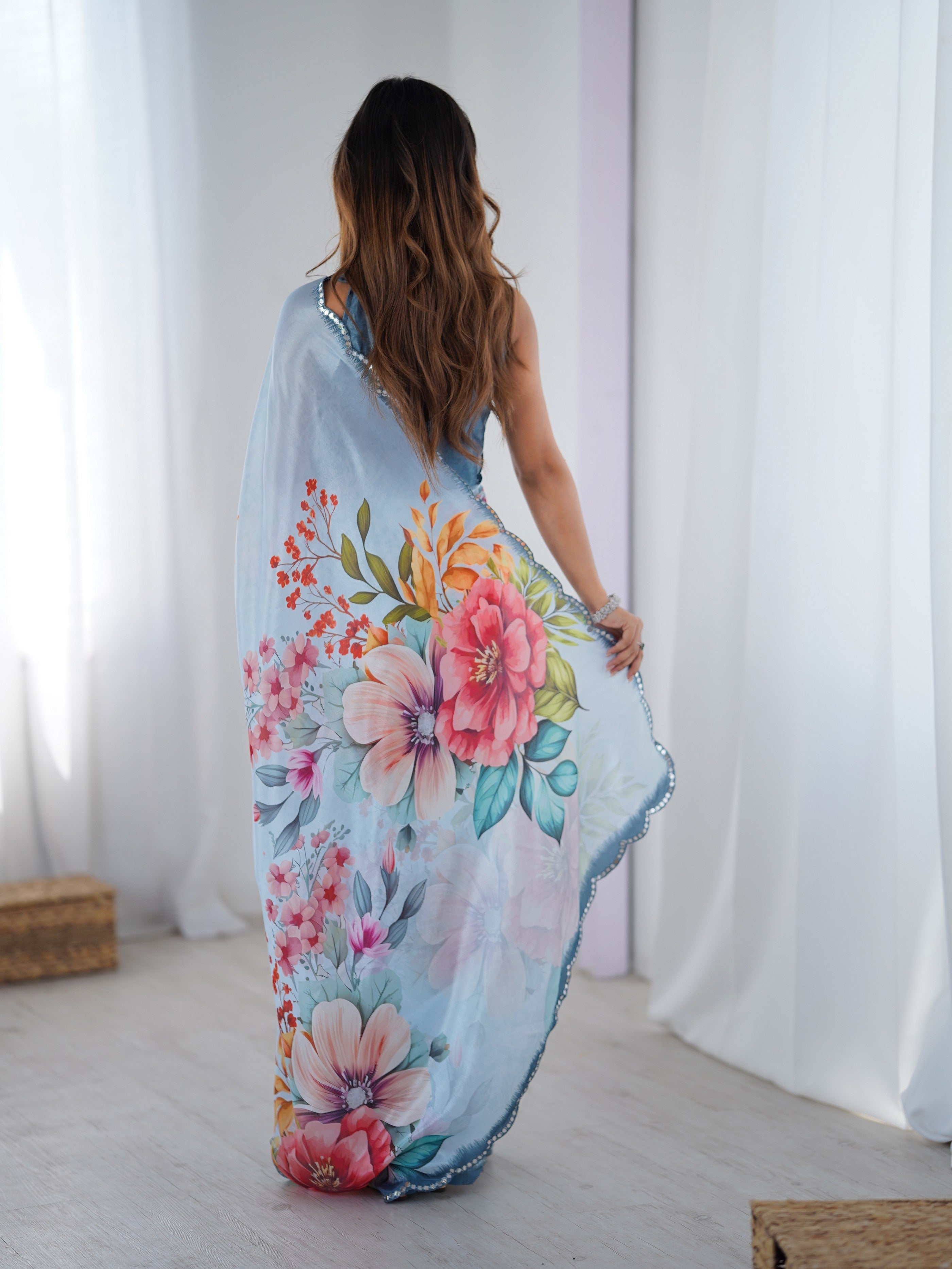 Blue Digital Printed Stylish Chinon Fanbric Glamorous Partywear Saree