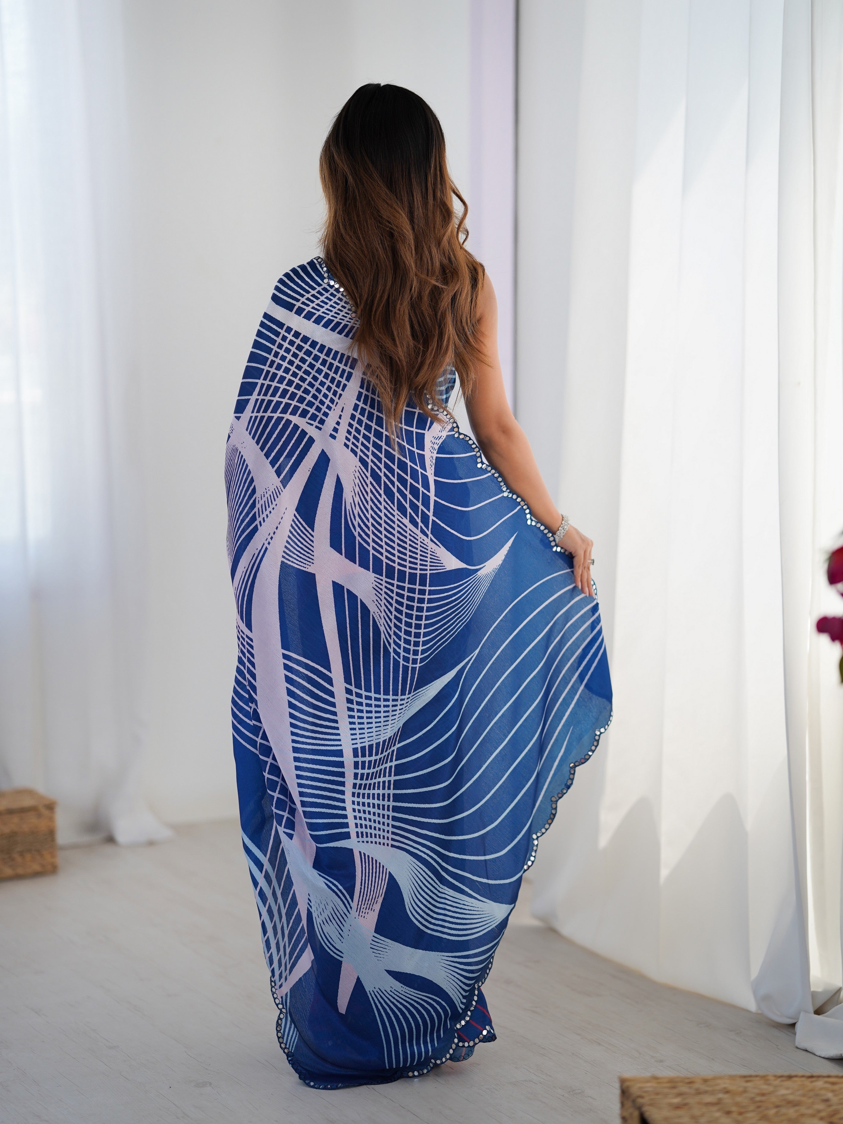 Blue Digital Printed Stylish Chinon Fanbric Glamorous Partywear Saree