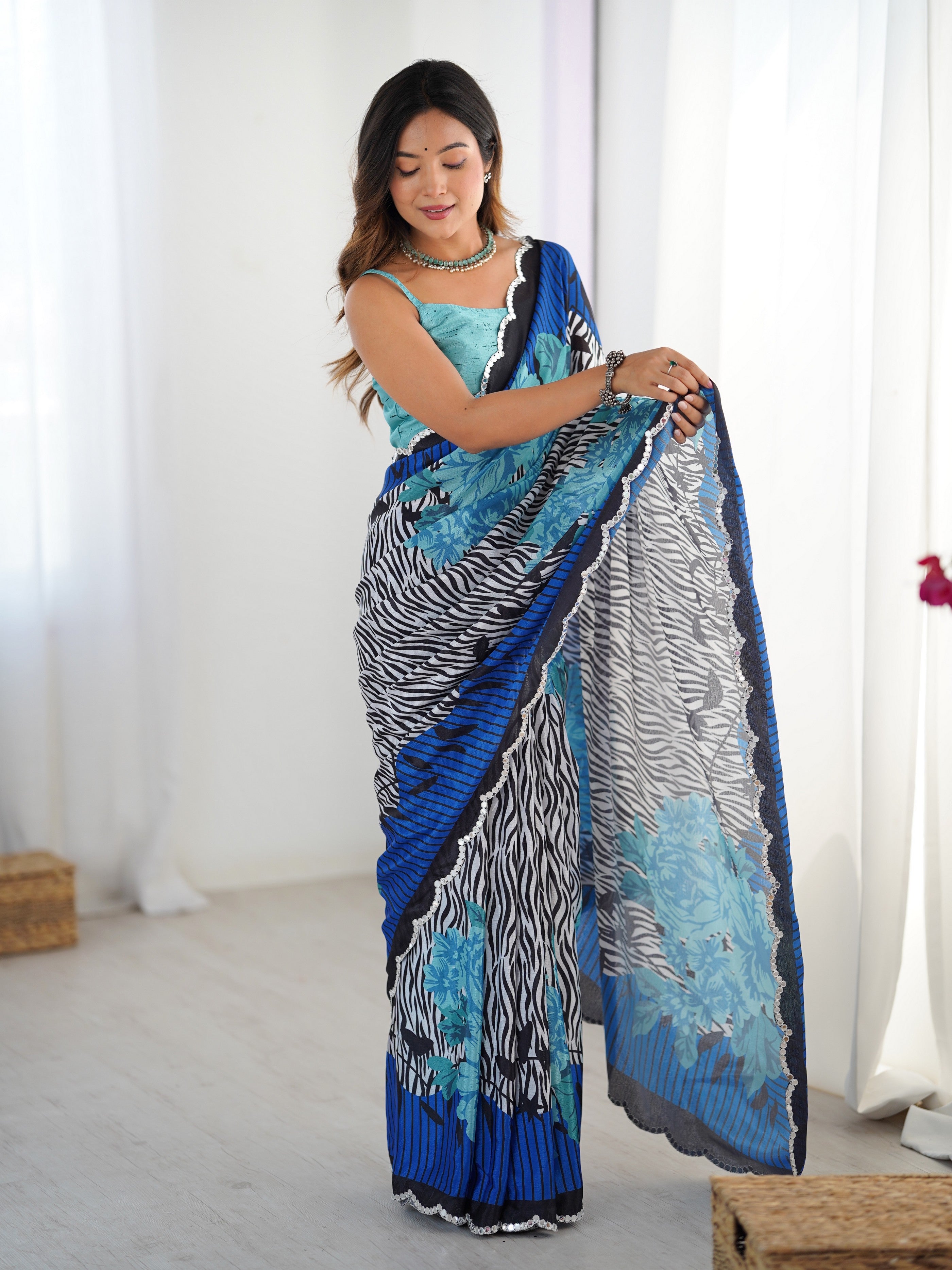 Blue Digital Printed Stylish Chinon Fanbric Glamorous Partywear Saree