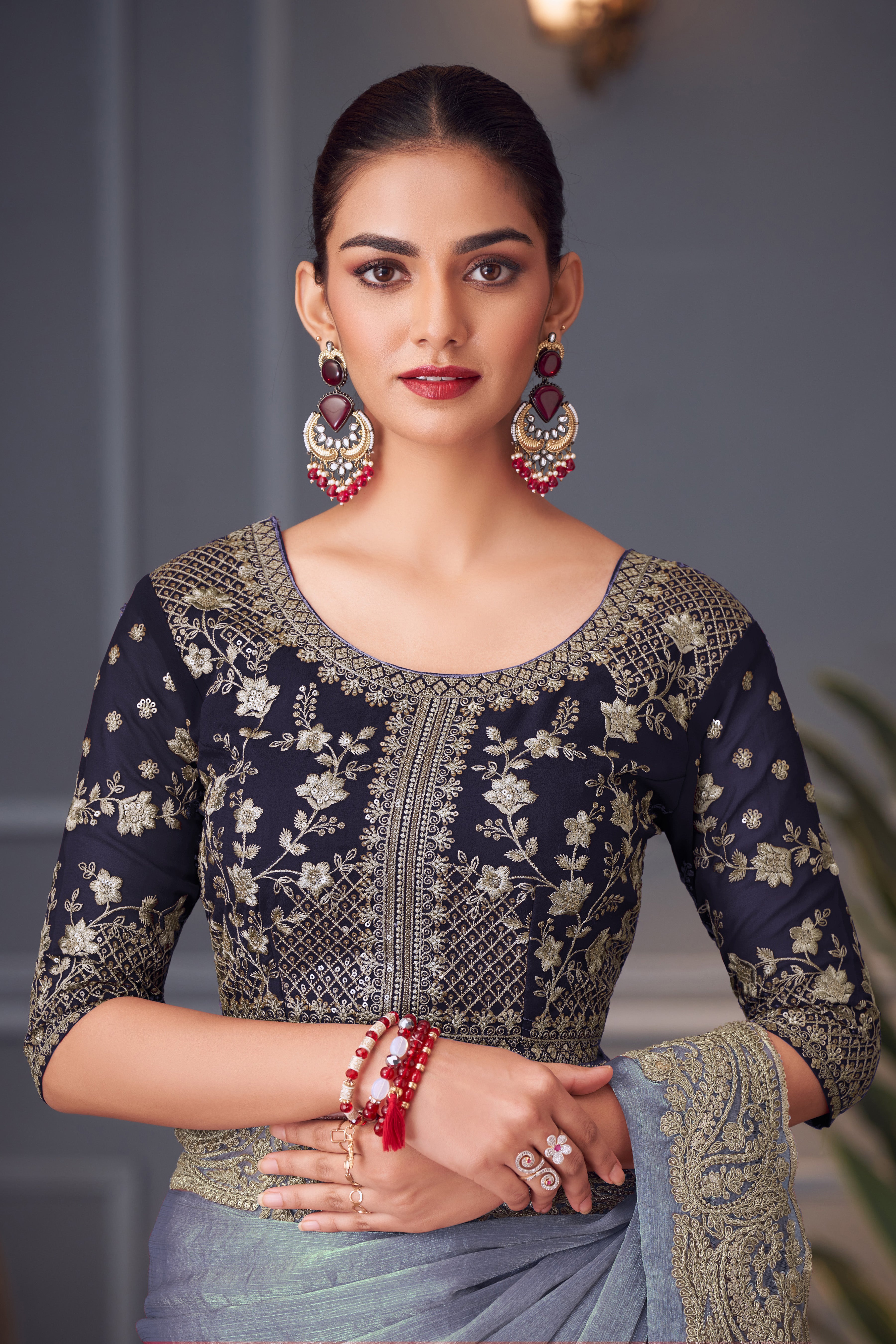 Blue Double Tone Silk Saree with Thread Sequins Work