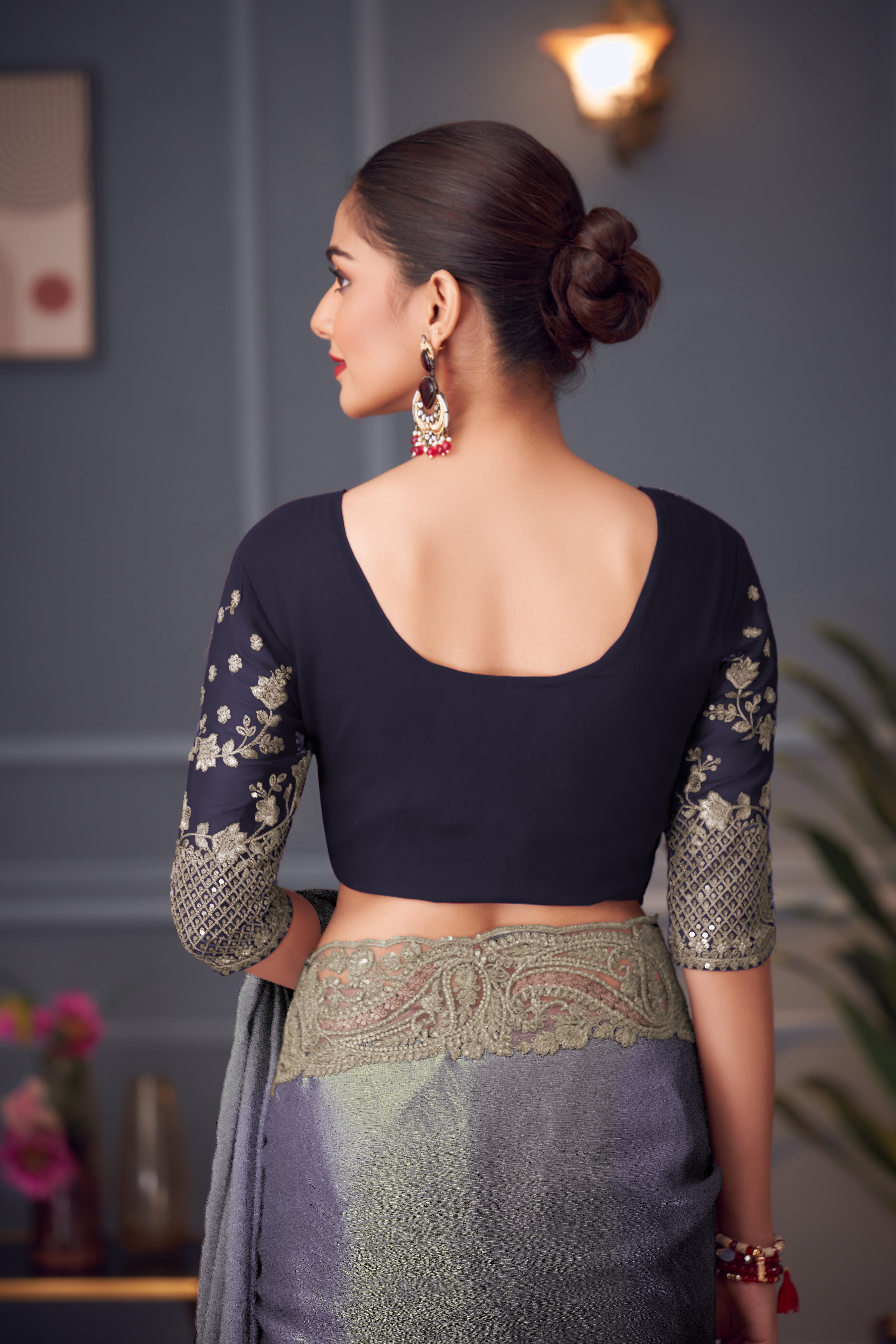 Blue Double Tone Silk Saree with Thread Sequins Work