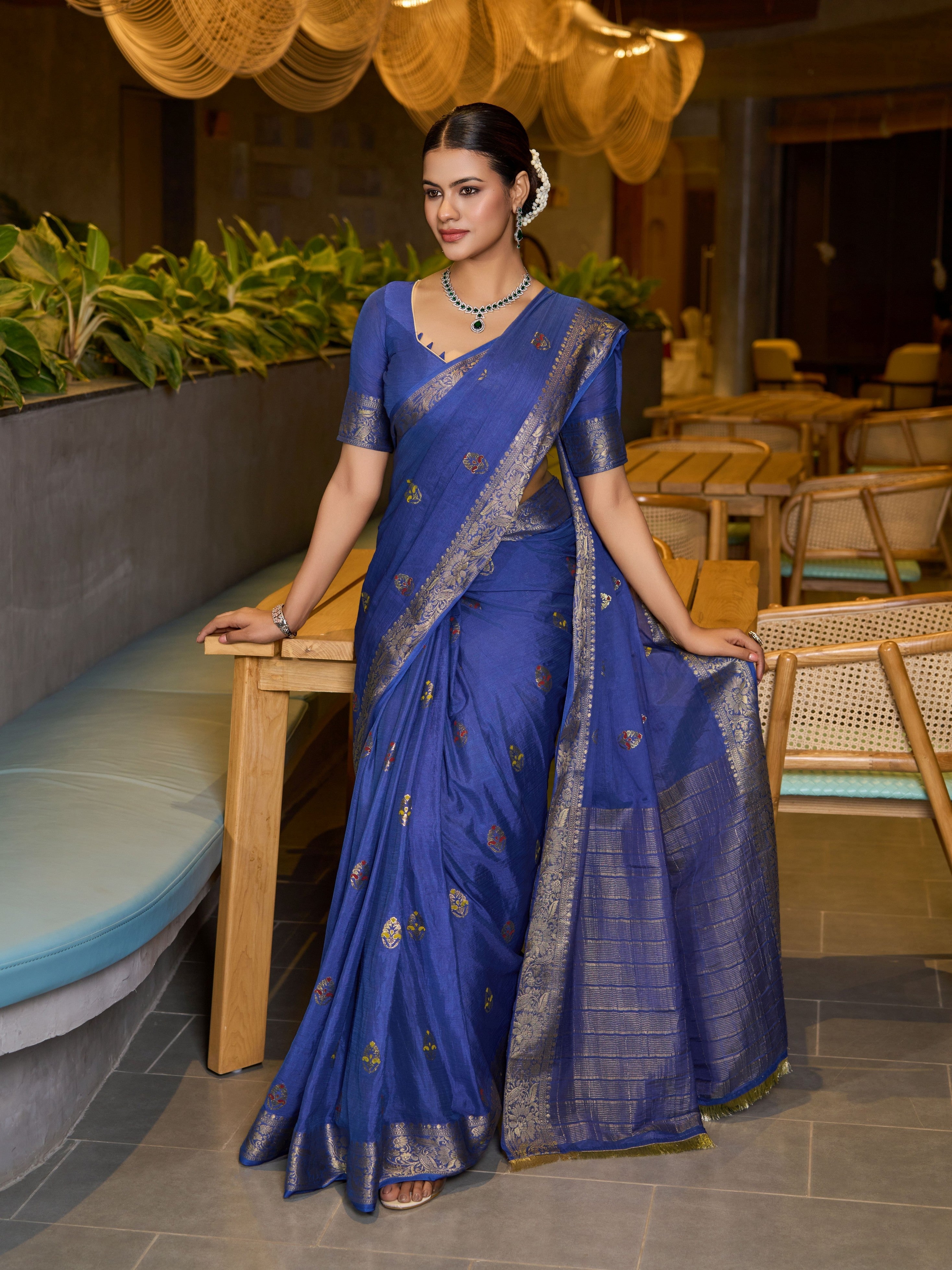 Blue Ethnic Chinon Woven Designer Partywear Saree