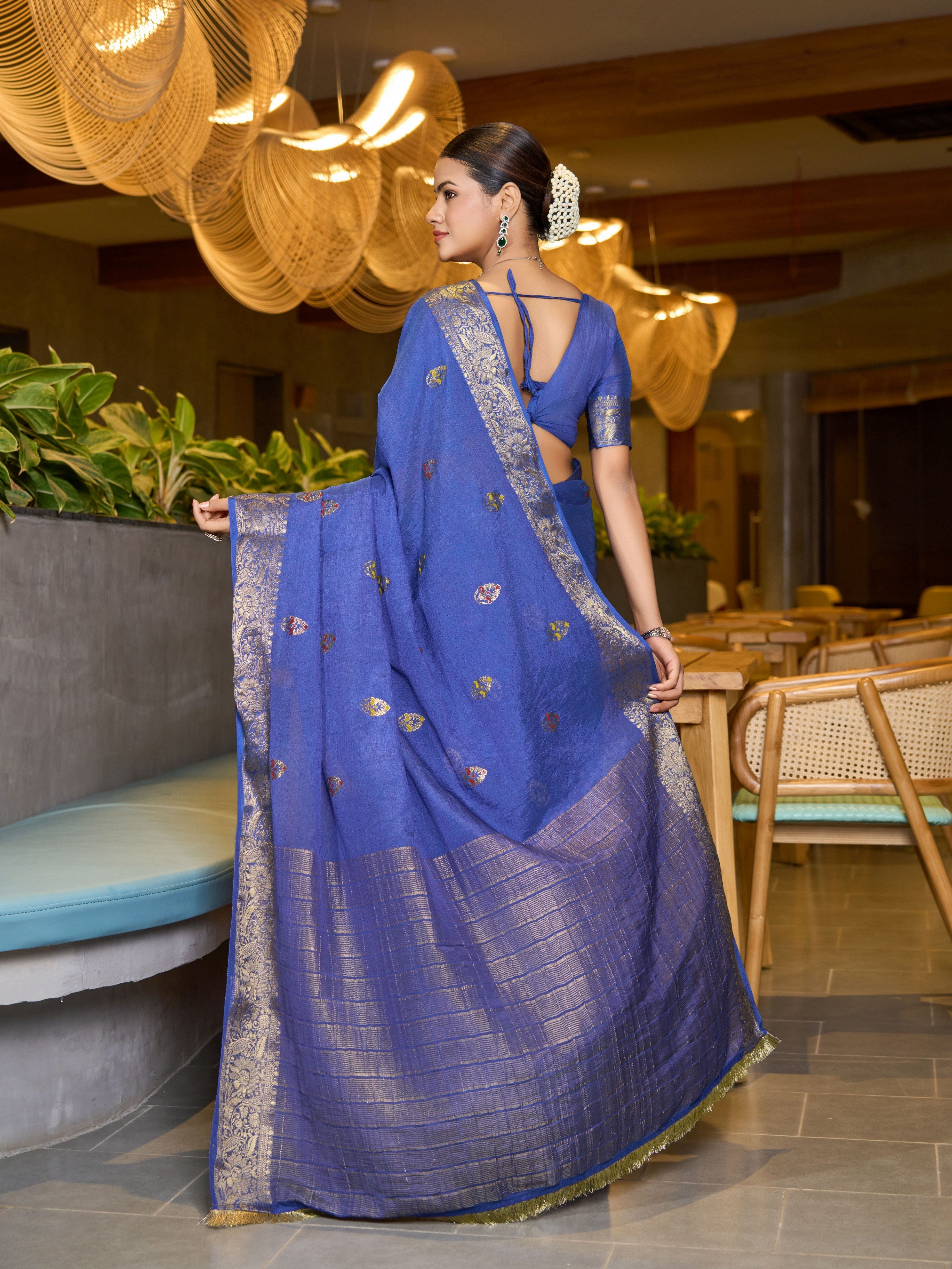 Blue Ethnic Chinon Woven Designer Partywear Saree