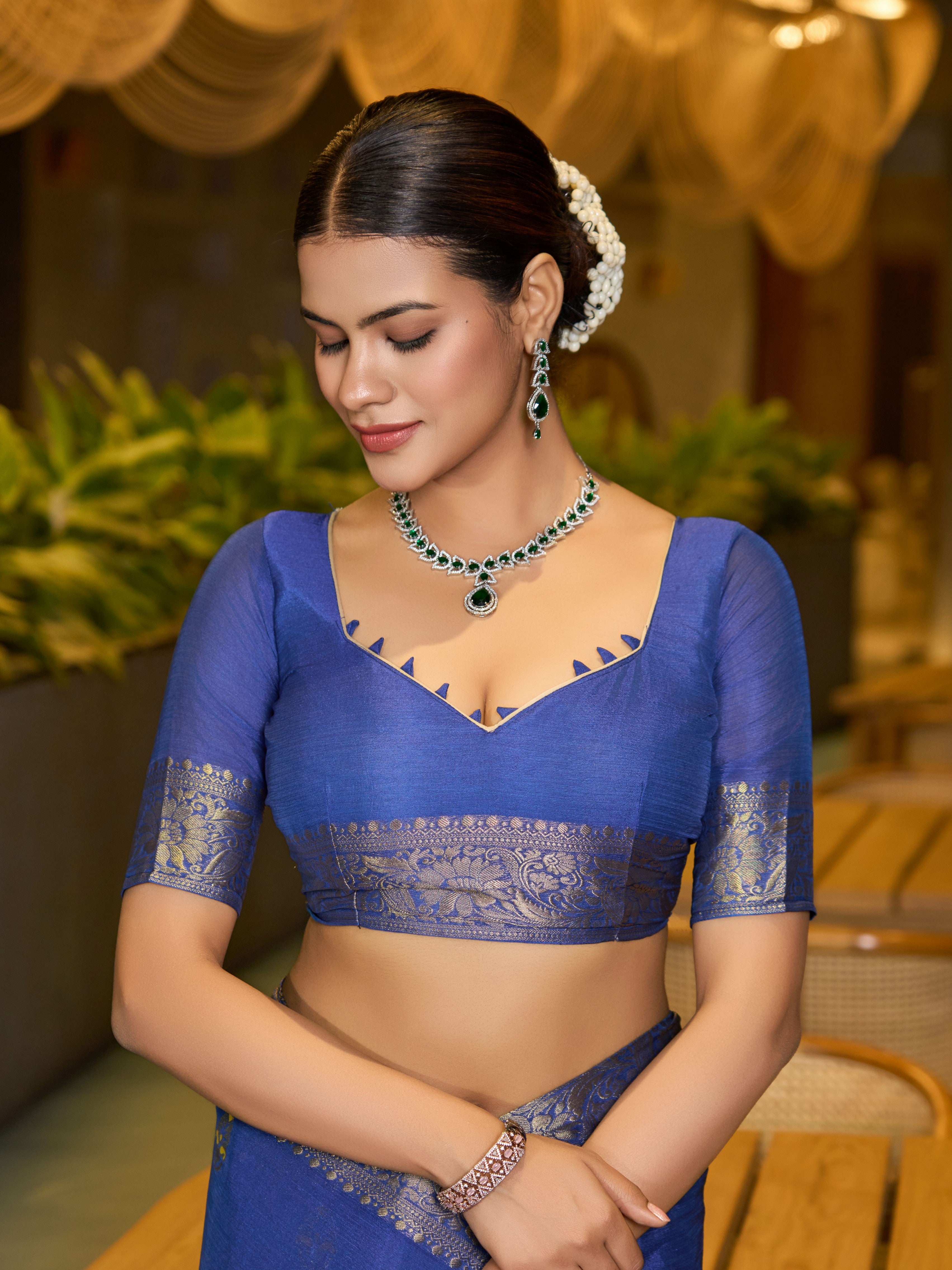 Blue Ethnic Chinon Woven Designer Partywear Saree