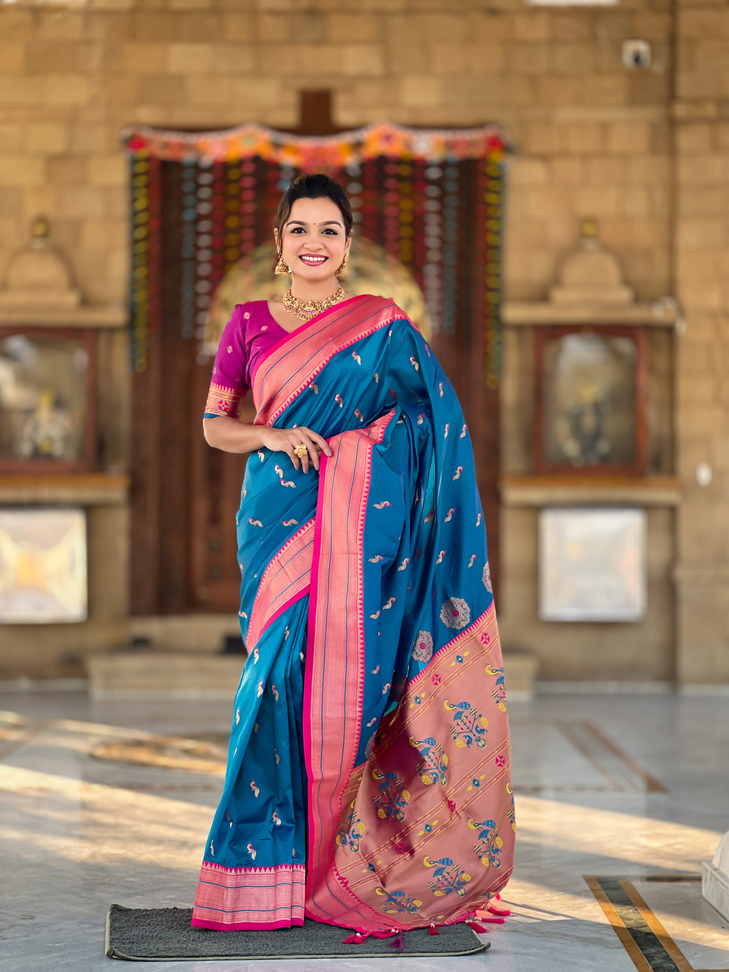 Blue Ethnic Paithani Silk Woven Jacquard Designer Ceremonial Fancy Saree