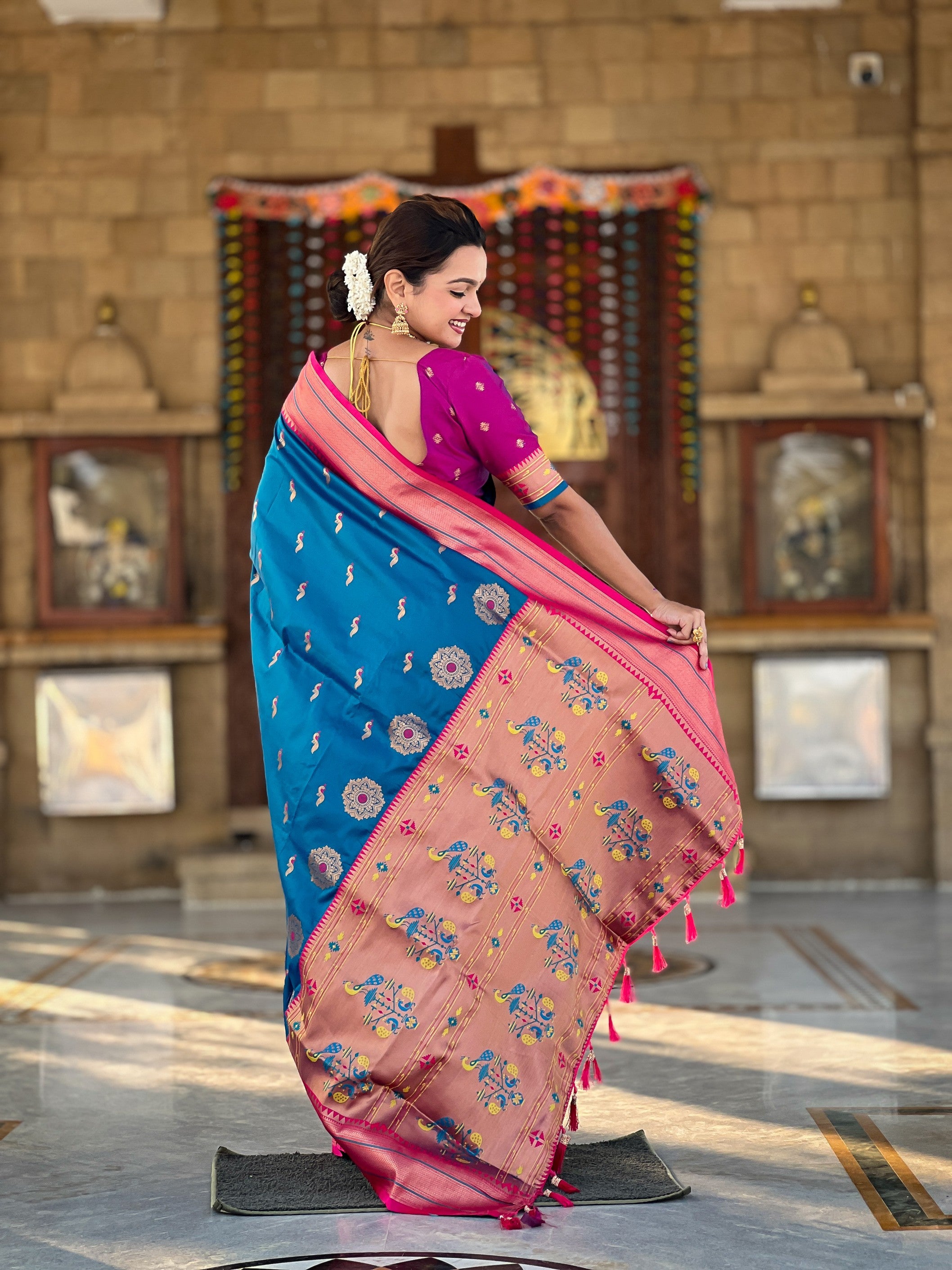 Blue Ethnic Paithani Silk Woven Jacquard Designer Ceremonial Fancy Saree