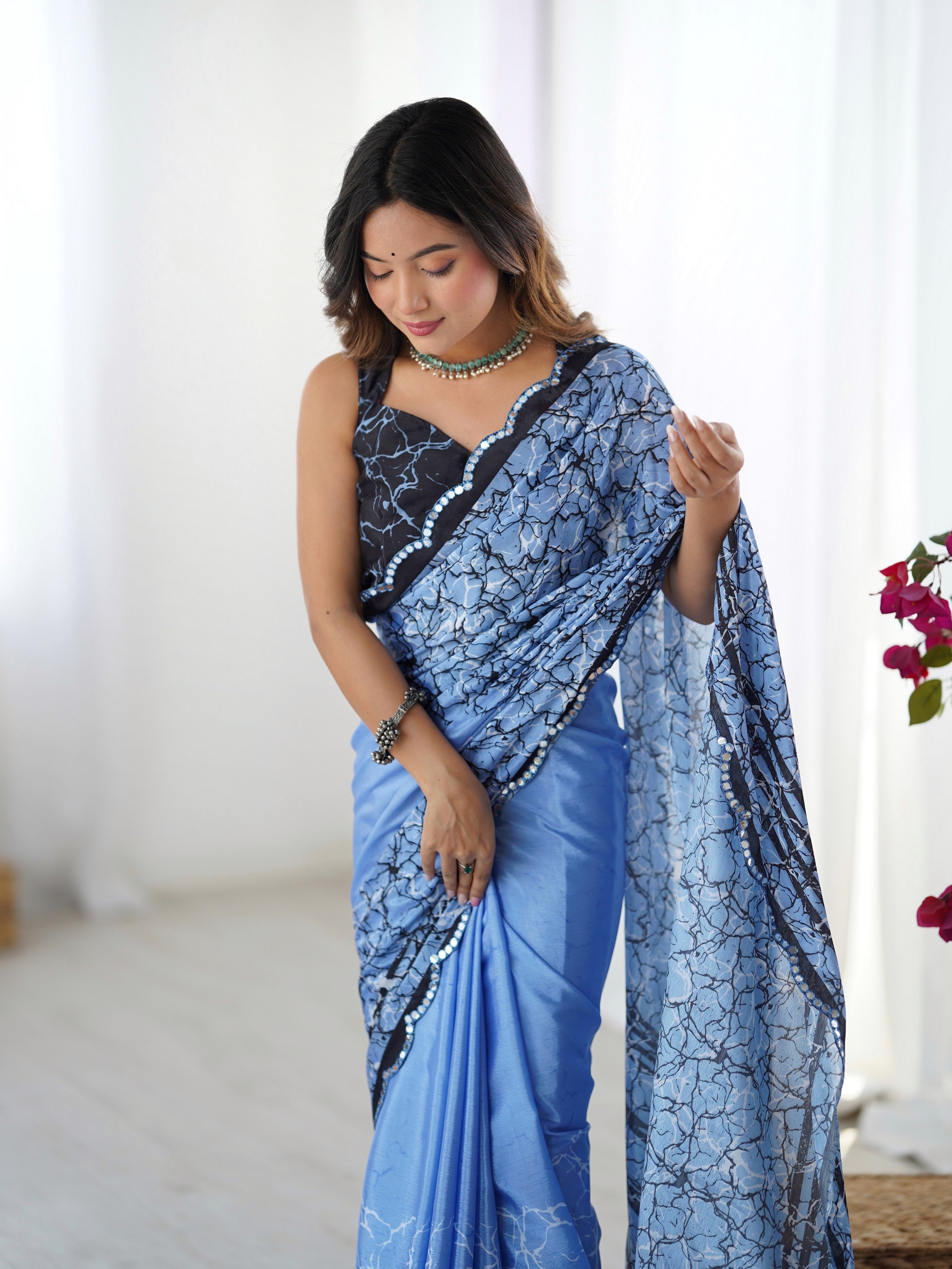 Blue Ethnic Partywear Digital Printed Saree With Stylish Cut Border