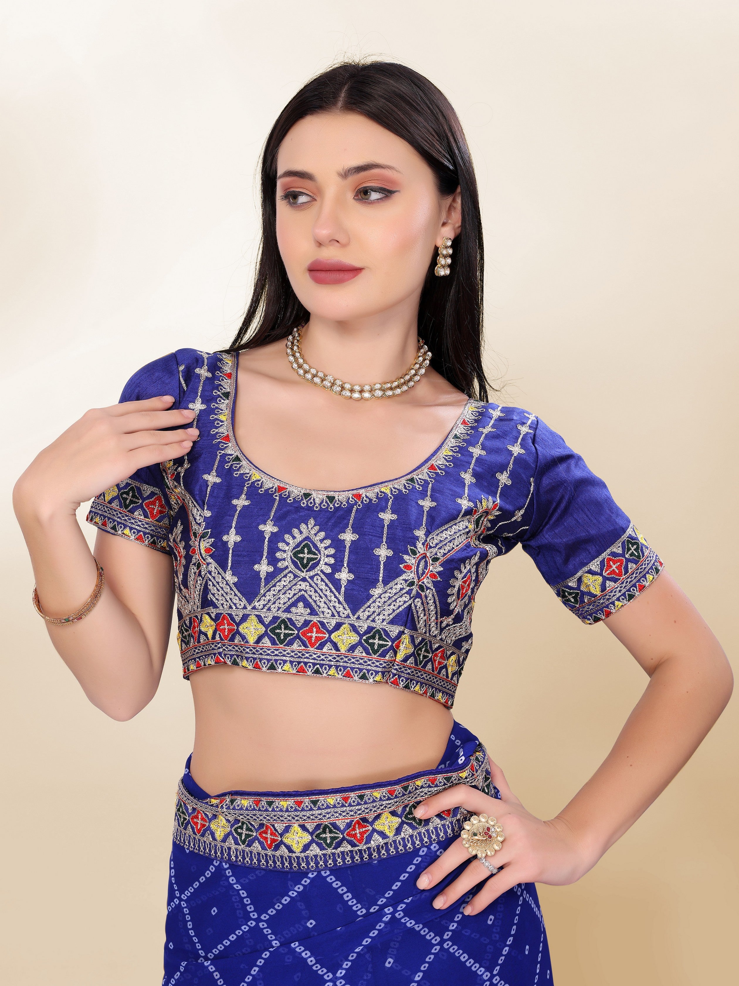 Blue Georgette Bandhej Printed Saree With Graceful Embroidery Work