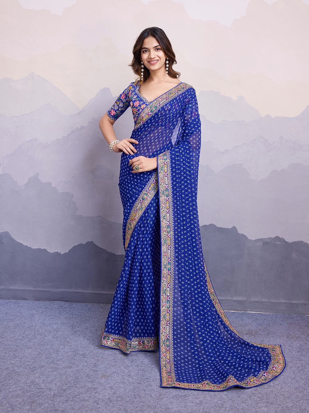 Blue Georgette Designer Partywear Bandhej Saree