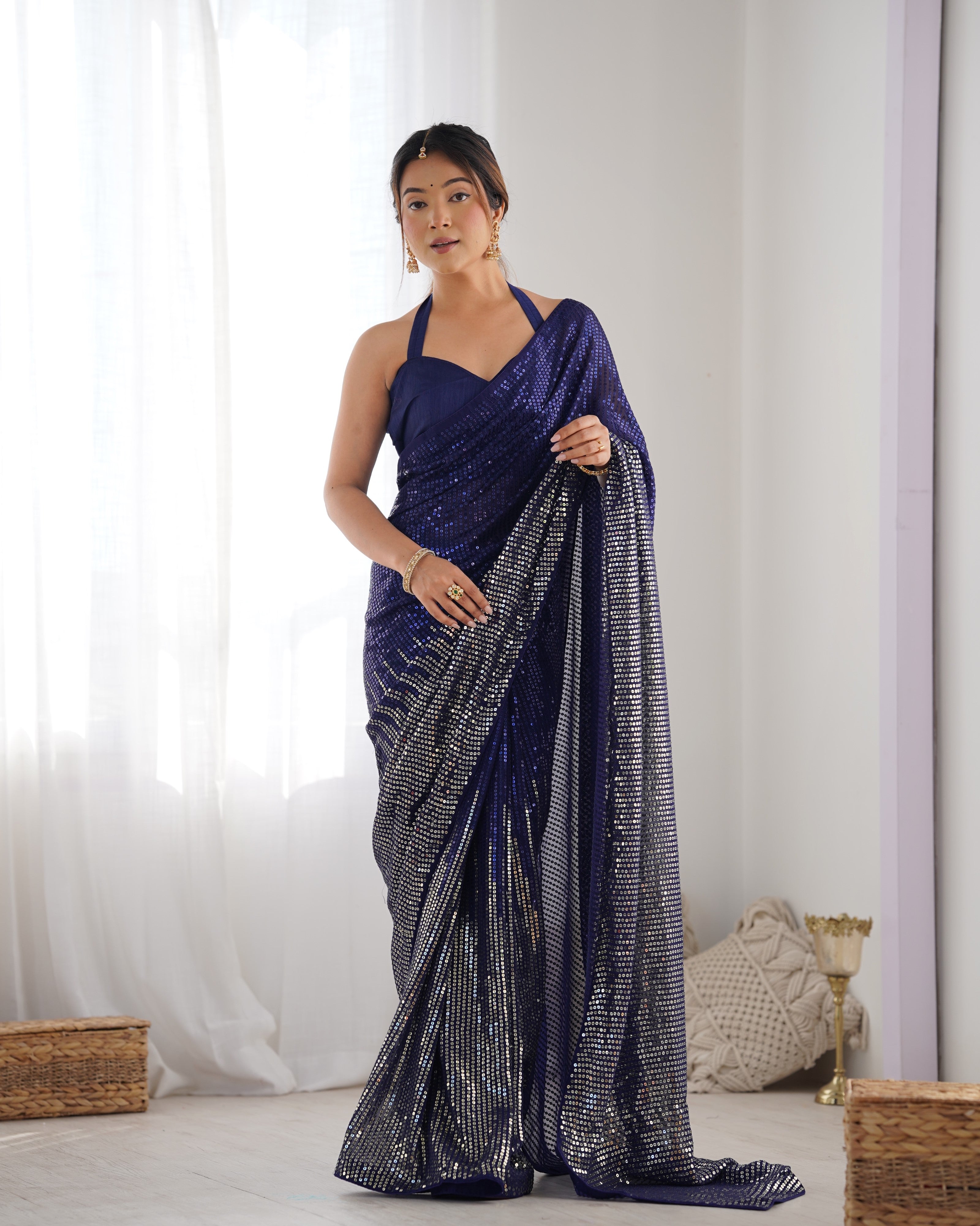 Blue Georgette Designer Sequance Embroidery Work Bollywood Style Partywear Saree