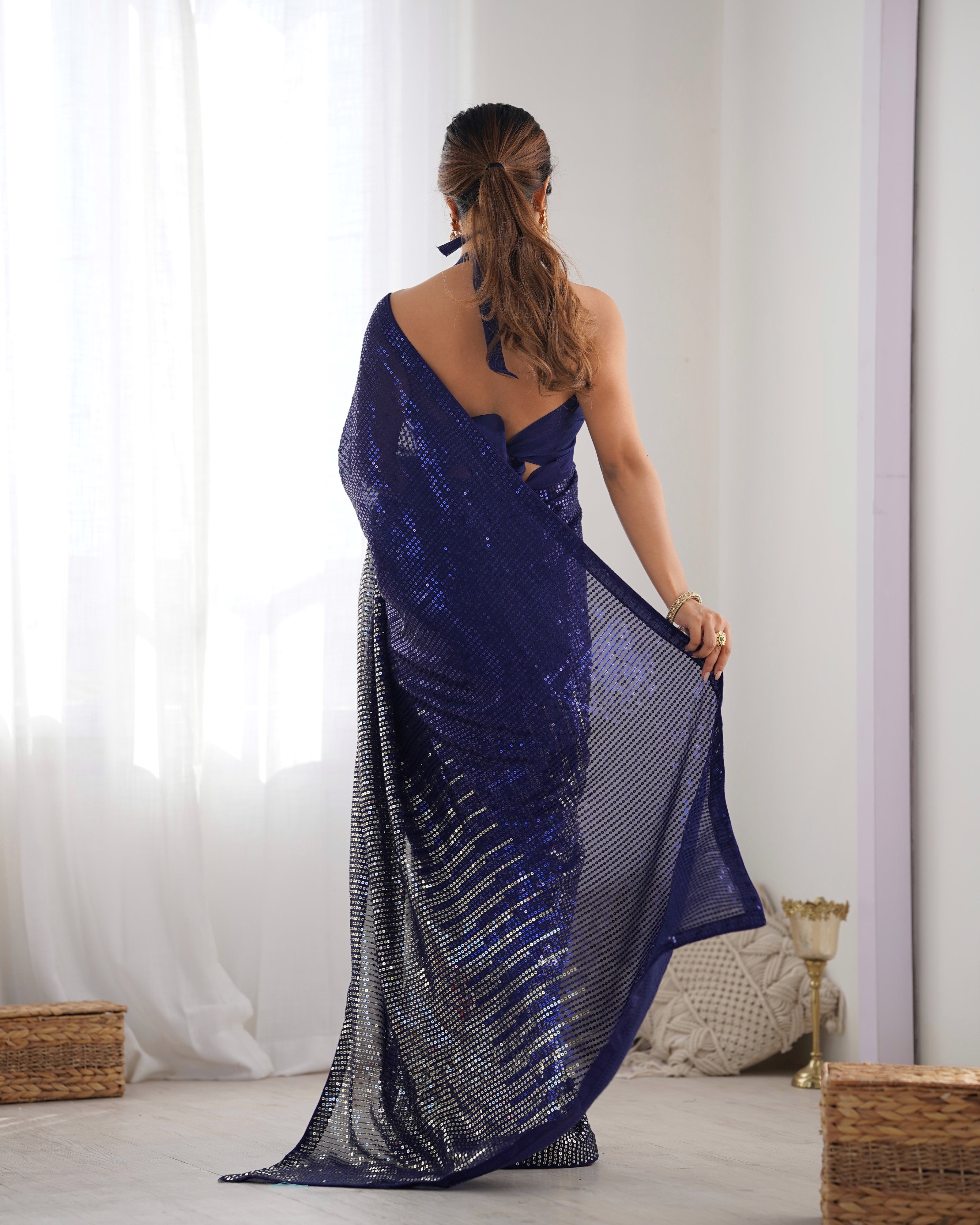 Blue Georgette Designer Sequance Embroidery Work Bollywood Style Partywear Saree