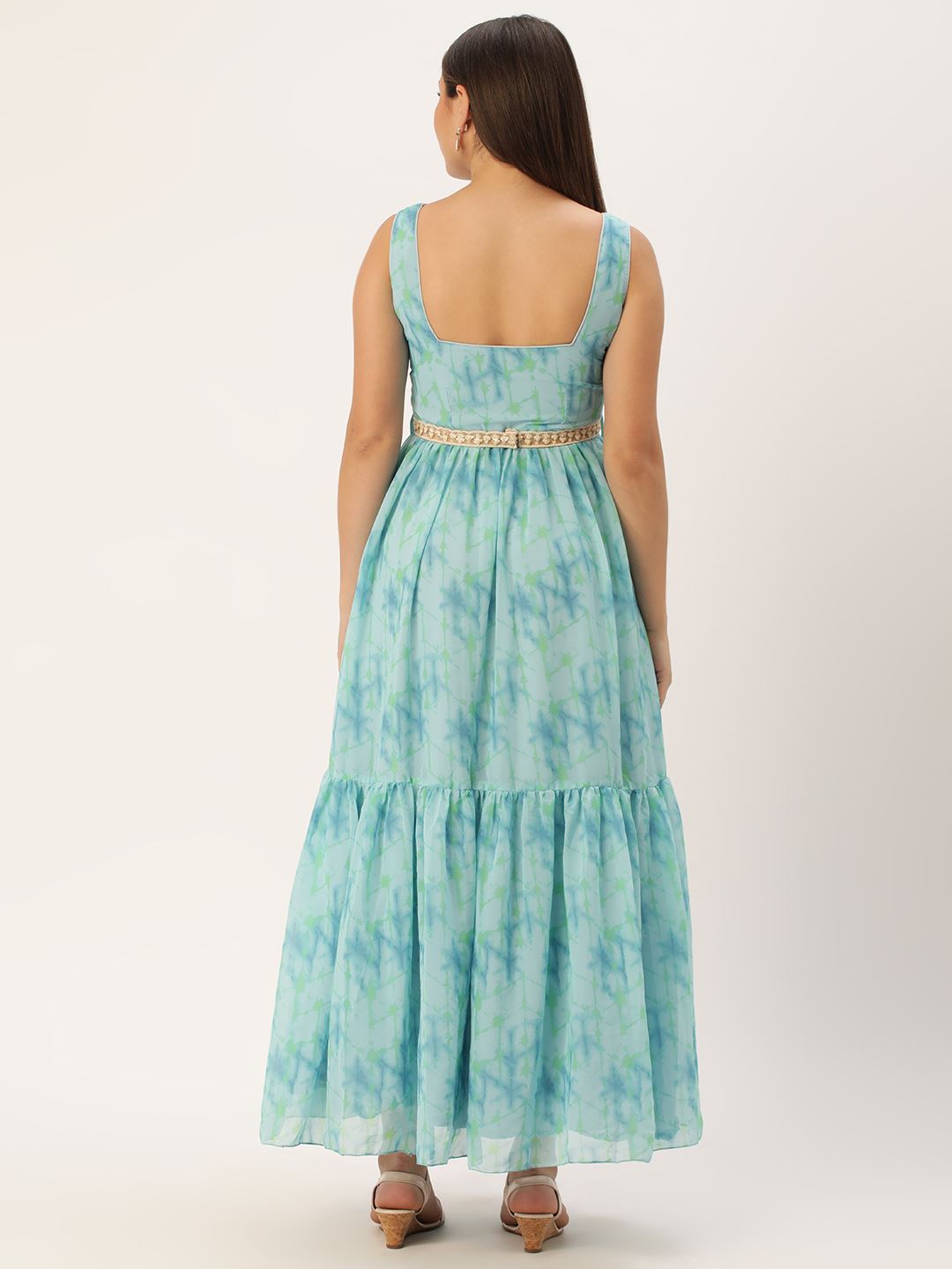 Blue Georgette Dress & Gown With Abstract Print with Embroidered Balt