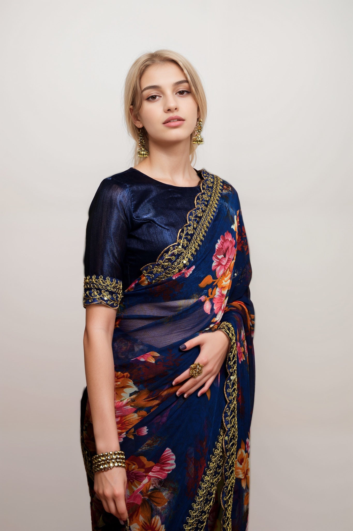 Blue Georgette Floral Printed With Embroidered Border Saree