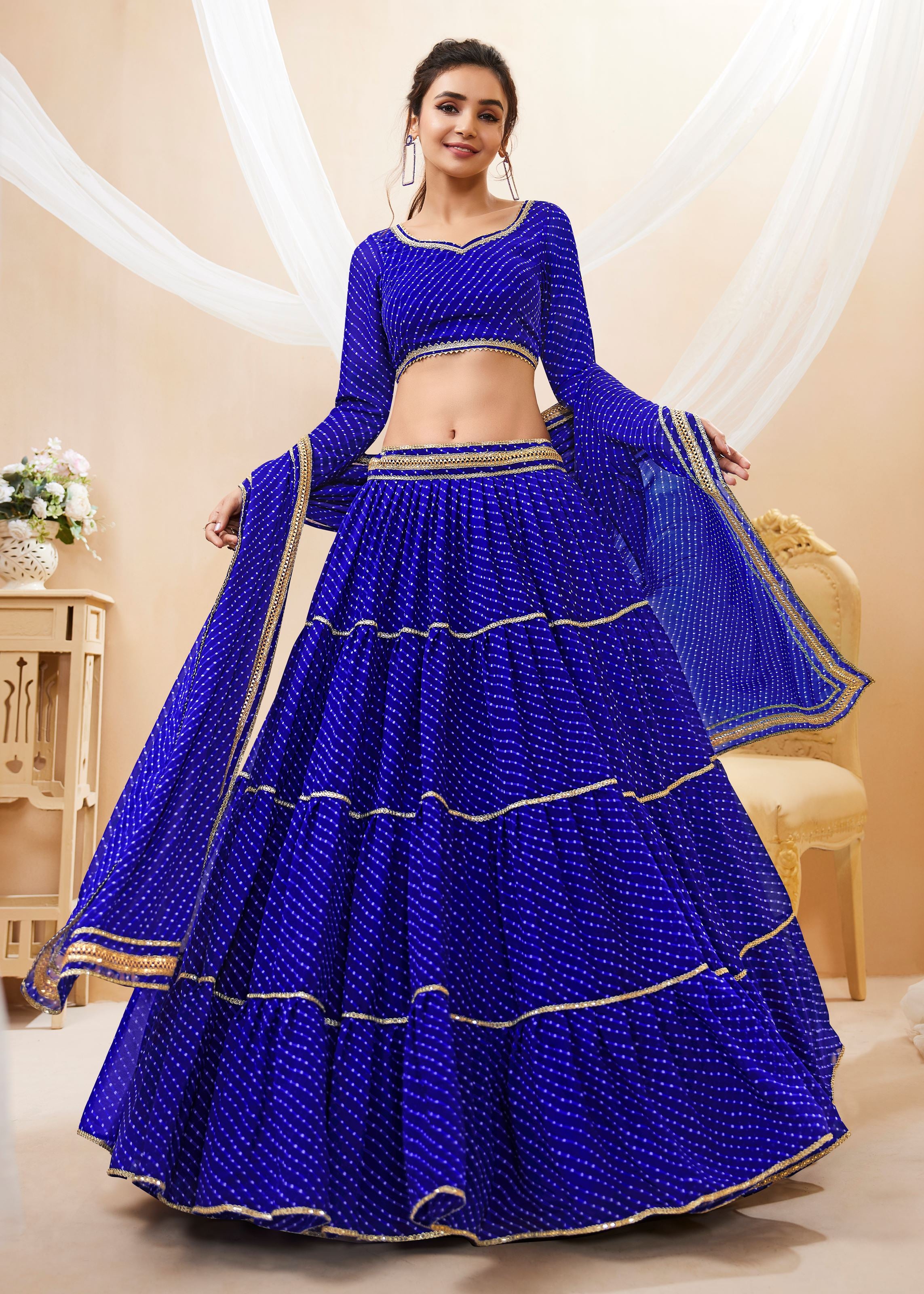 Blue Georgette Lehenga Choli With Georgette Leheriya Printed with lace all over work